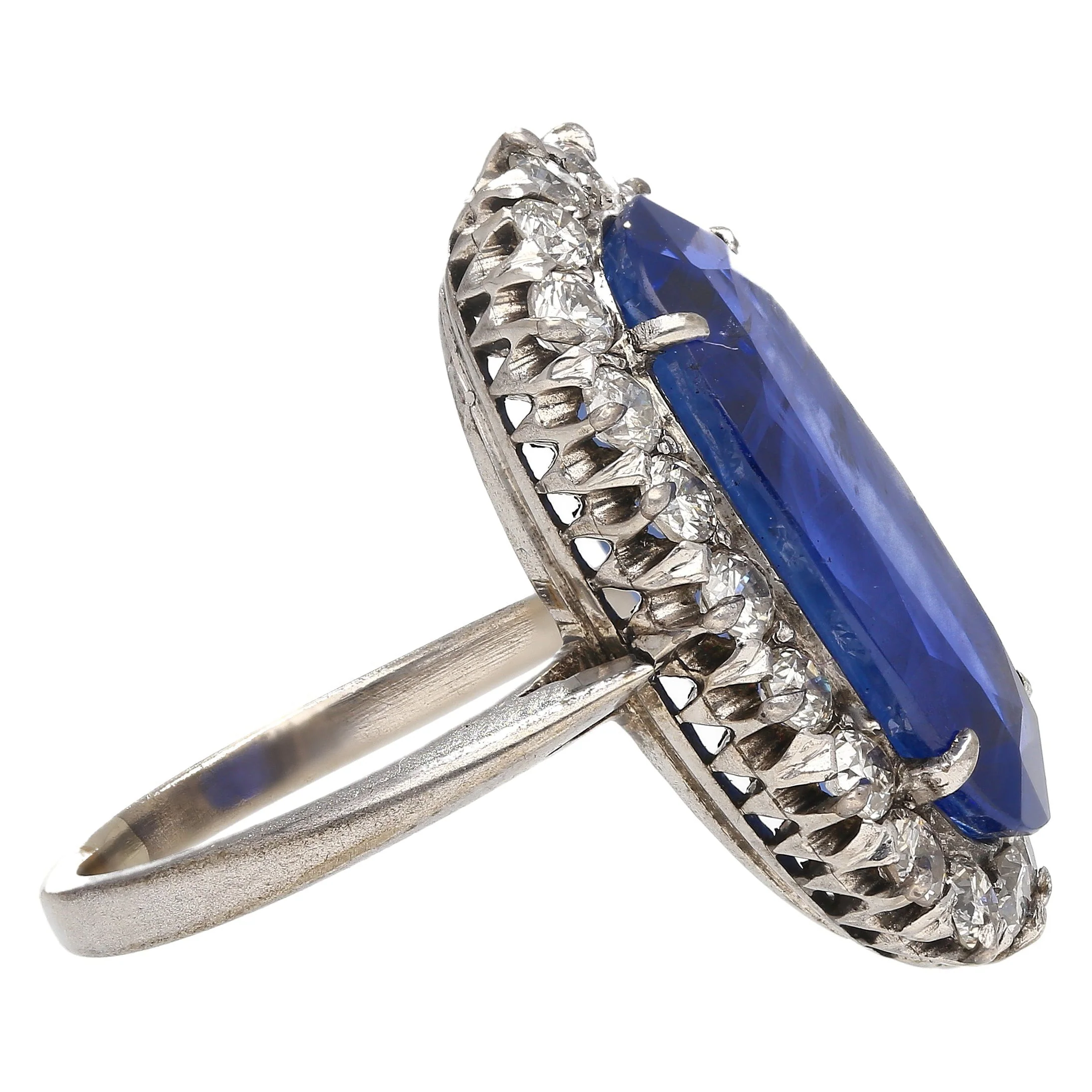 Antique Old Mine 11.3 Carat No Heat Burma Blue Sapphire & Diamond Halo Ring in Platinum - Image 3