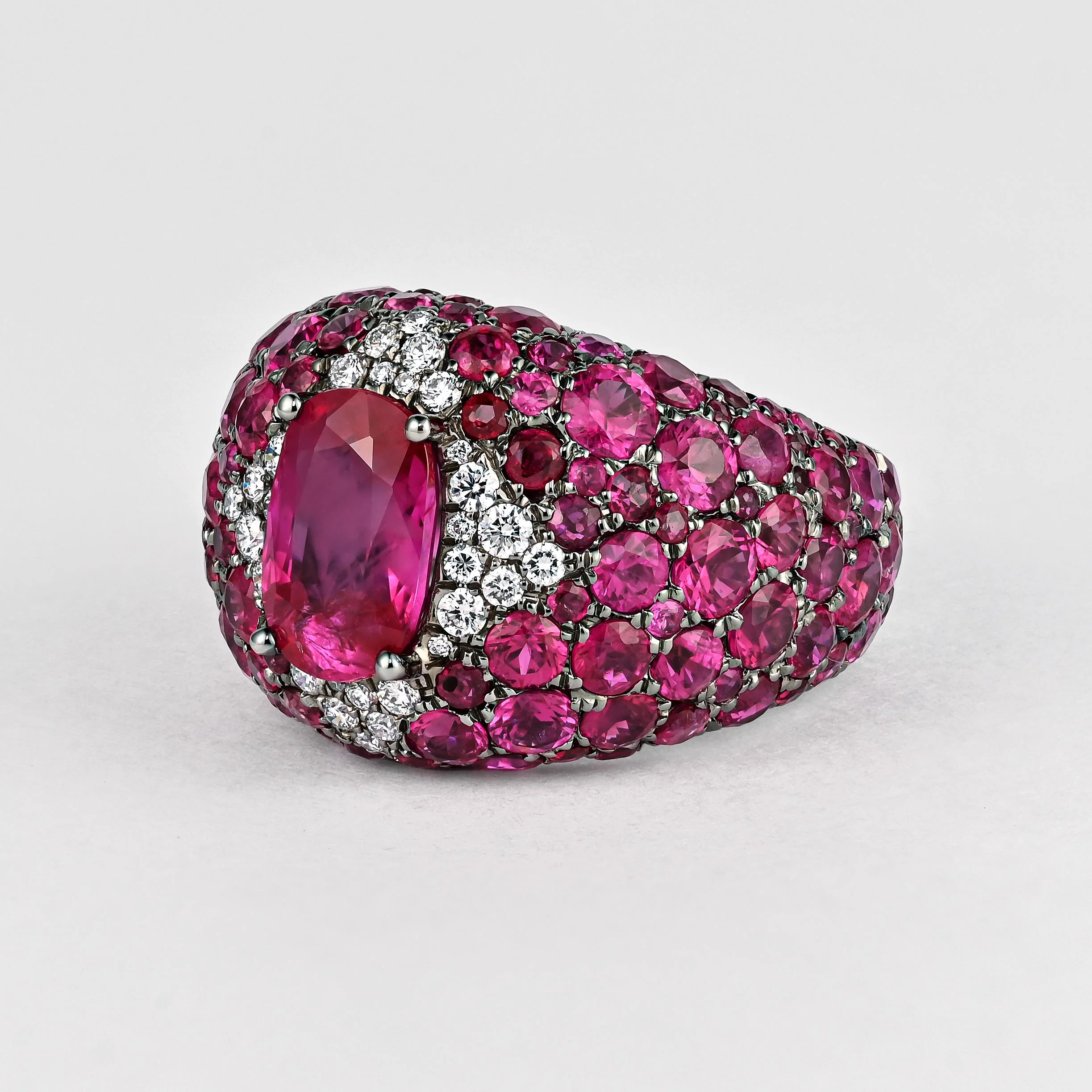 11 Carat Oval Cut Burma Pink Ruby & Diamond Cluster Dome Ring - Image 2