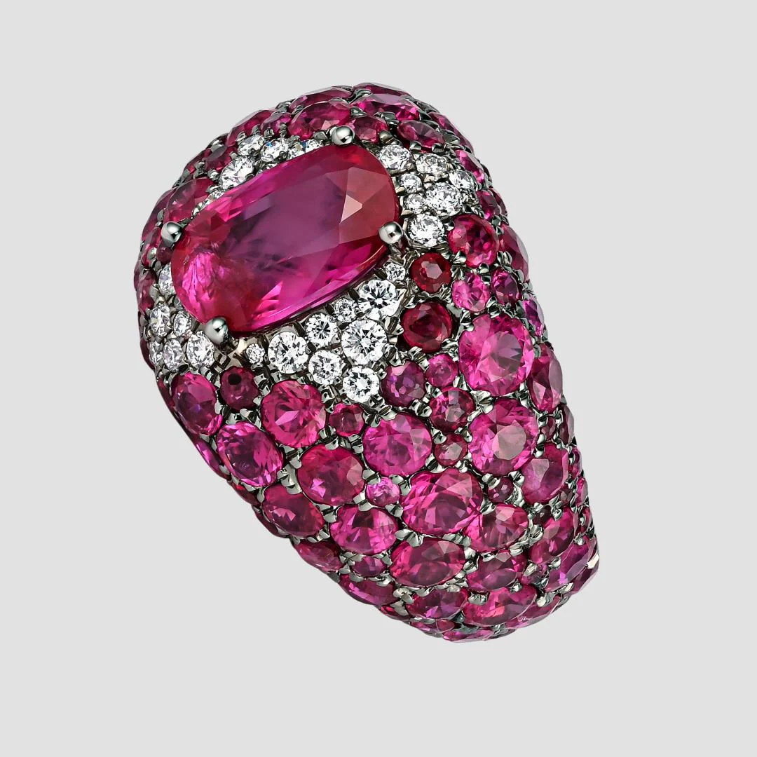 11 Carat Oval Cut Burma Pink Ruby & Diamond Cluster Dome Ring - Image 3