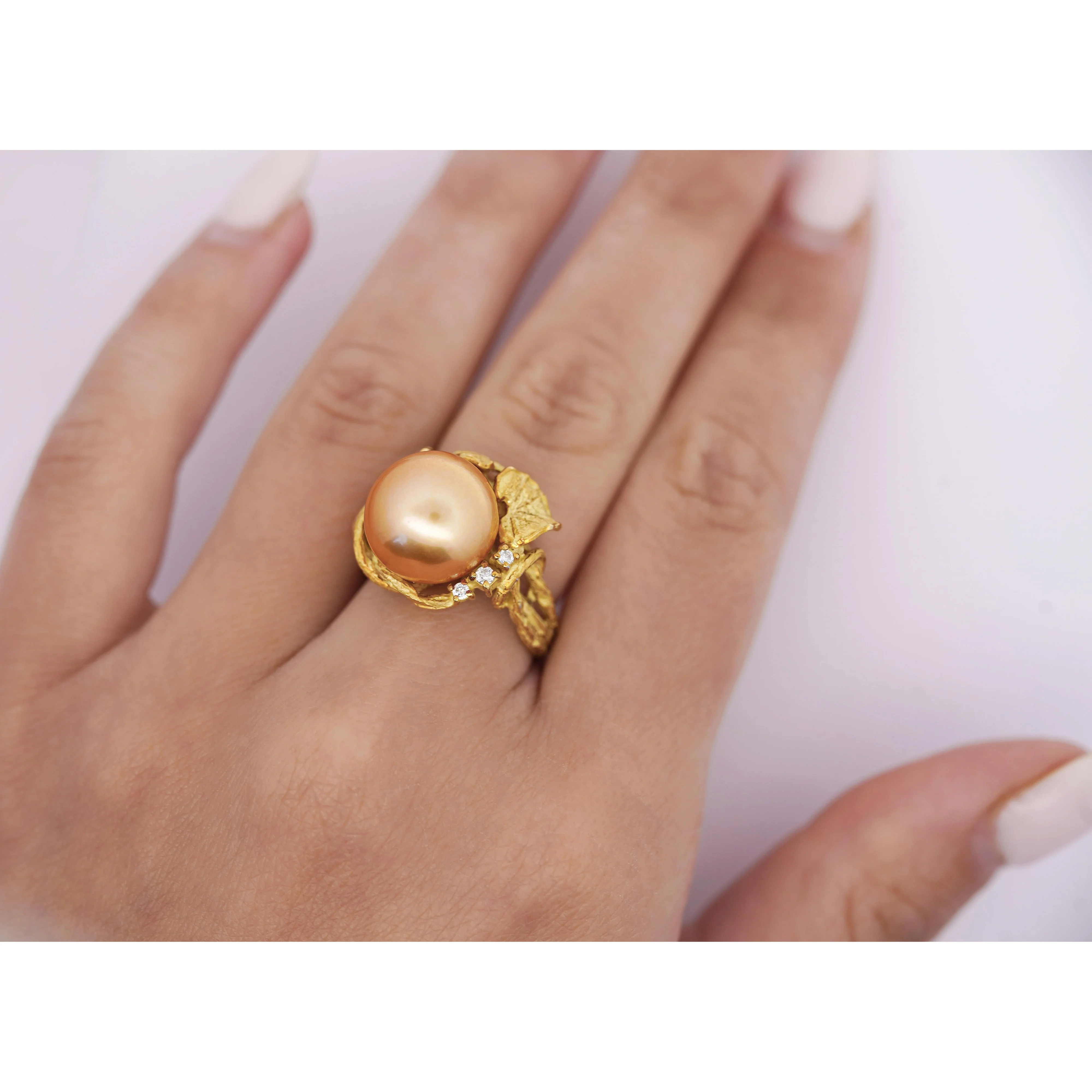 12.8mm Golden South Sea Pearl and Round Cut Diamonds Ring in 18k Yellow Gold - Image 7