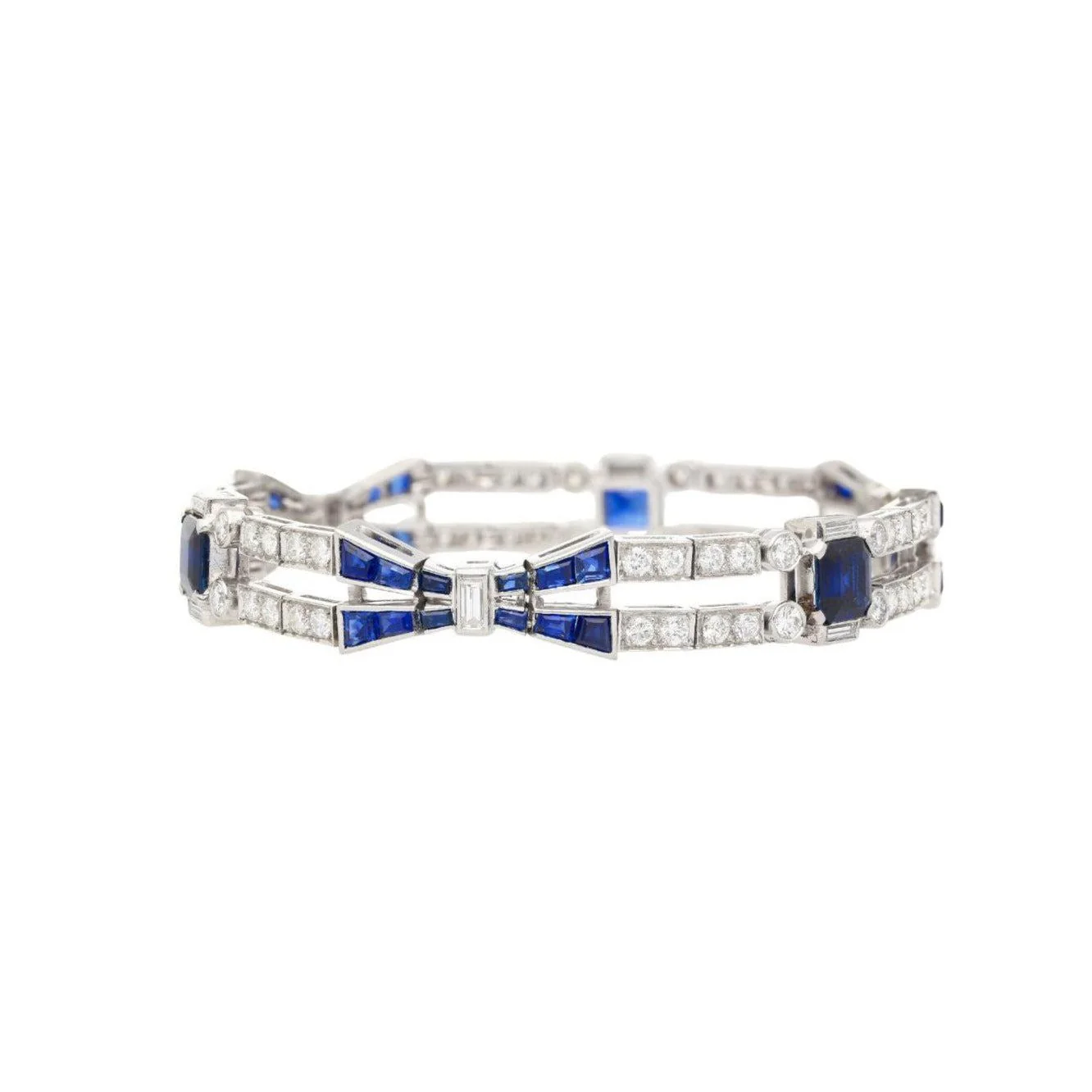 Vintage 12 Carat Blue Sapphire and Diamond Art Deco Open Bracelet in Platinum - Image 5