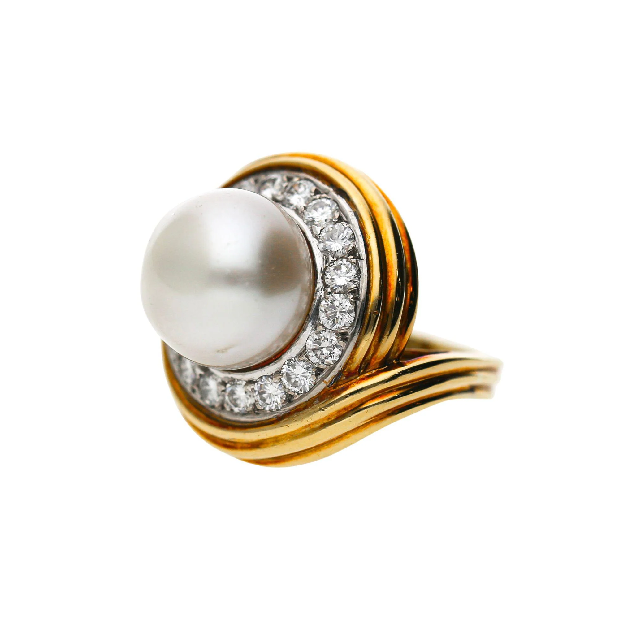 12mm South Sea Pearl & 1.38 Carat Diamond Halo Trio 18K Two Tone Gold Dome Ring - Image 2