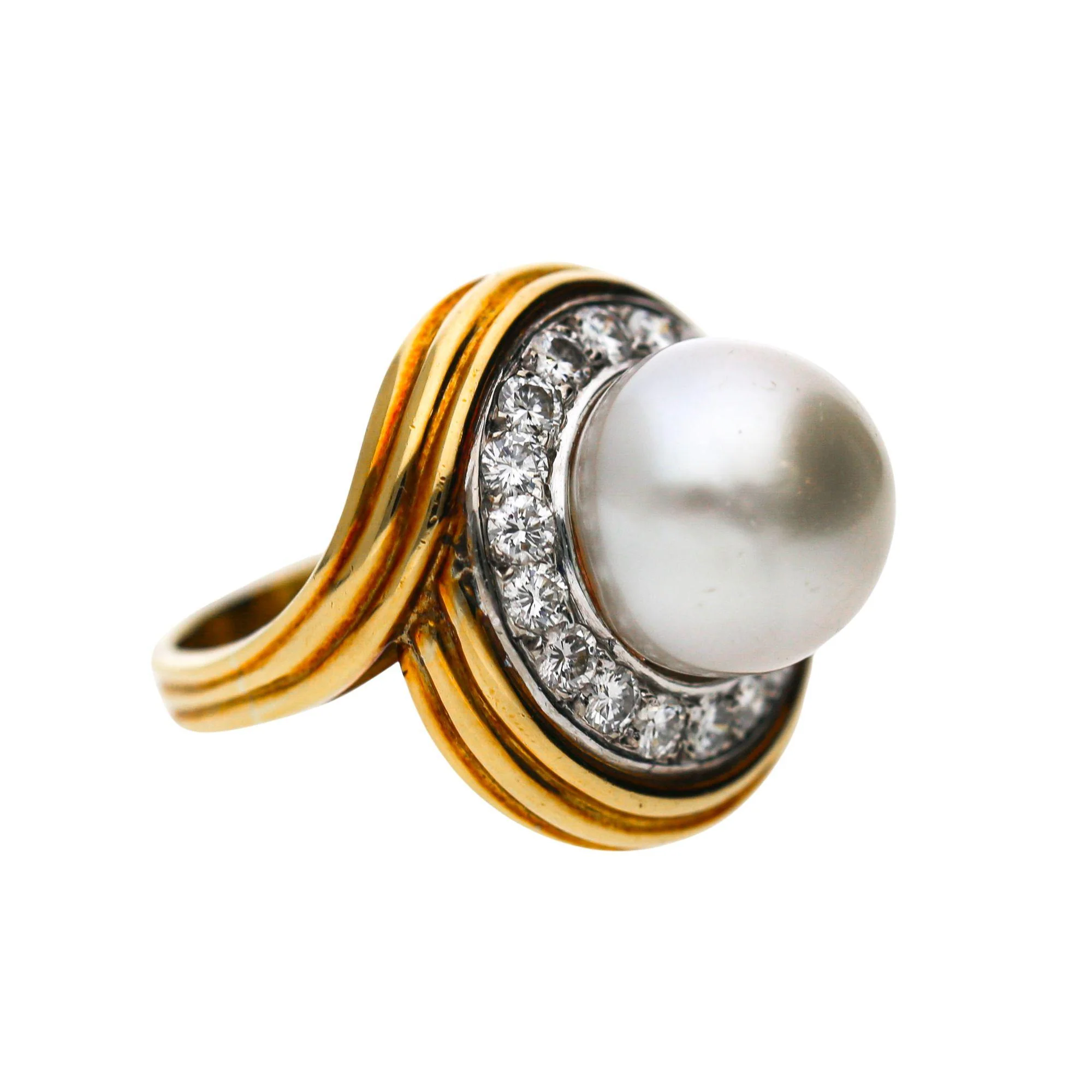 12mm South Sea Pearl & 1.38 Carat Diamond Halo Trio 18K Two Tone Gold Dome Ring - Image 3