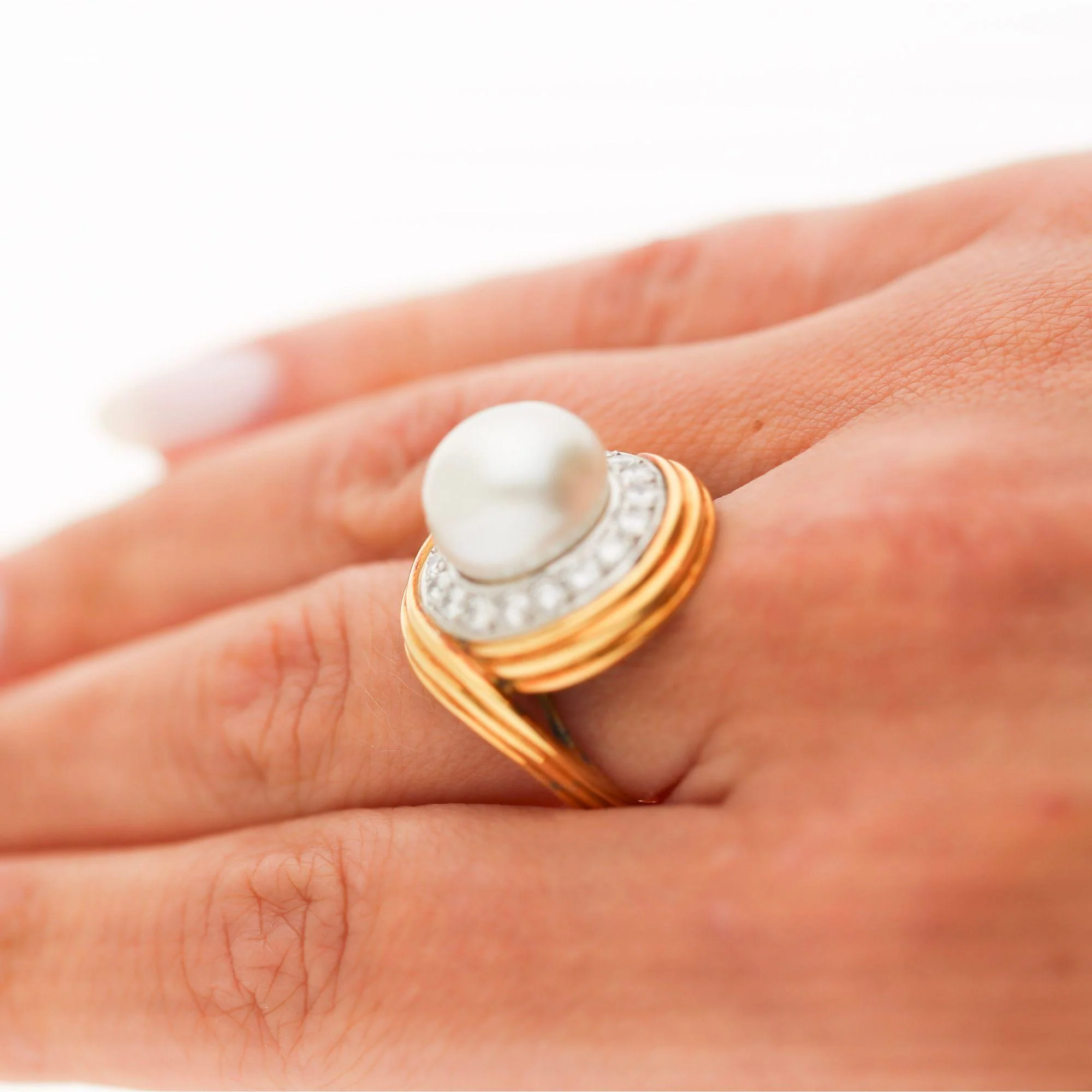 12mm South Sea Pearl & 1.38 Carat Diamond Halo Trio 18K Two Tone Gold Dome Ring - Image 6