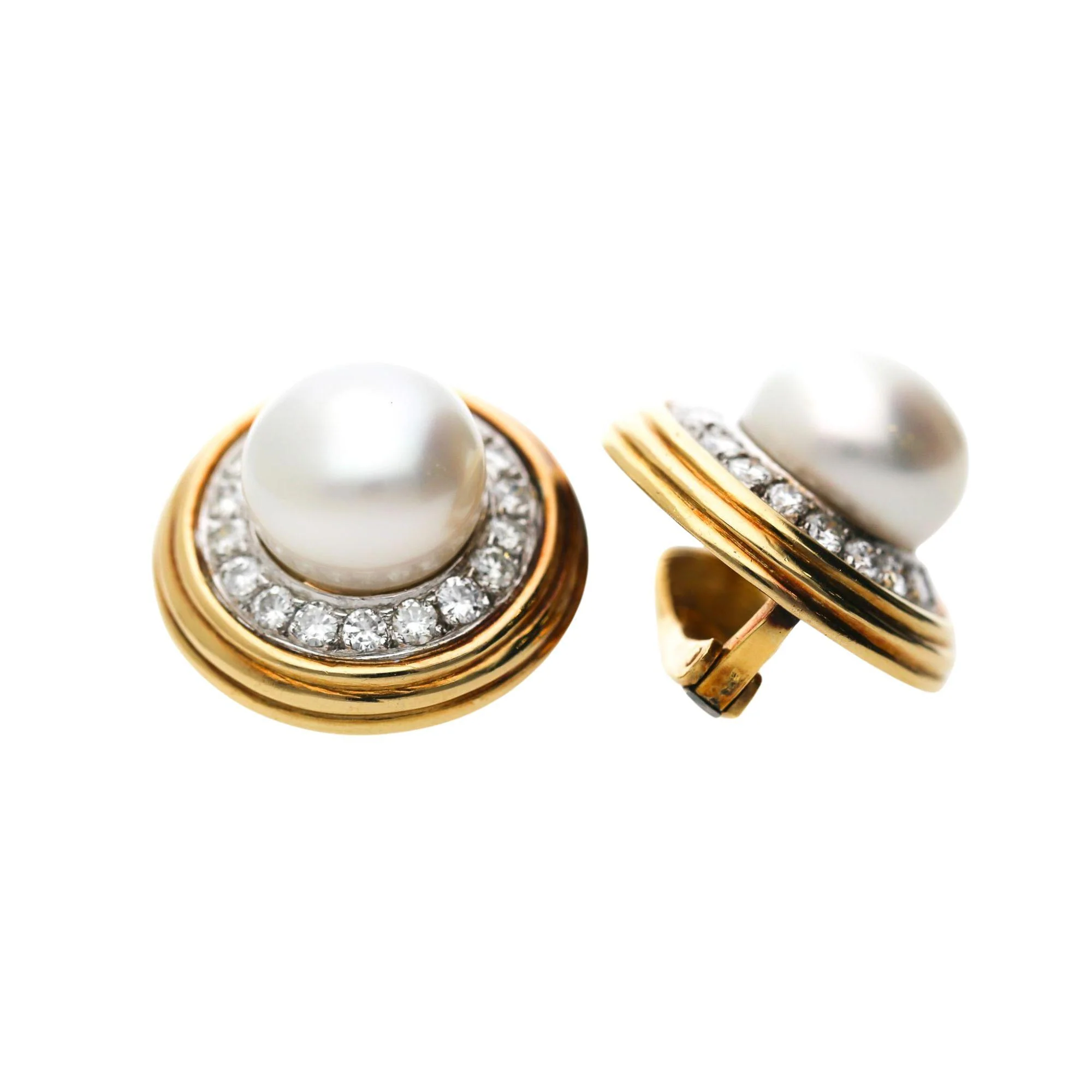 12mm South Sea Pearl 2.88 Carat Diamond Halo 18K Two Tone Gold Clip On Earring - Image 2