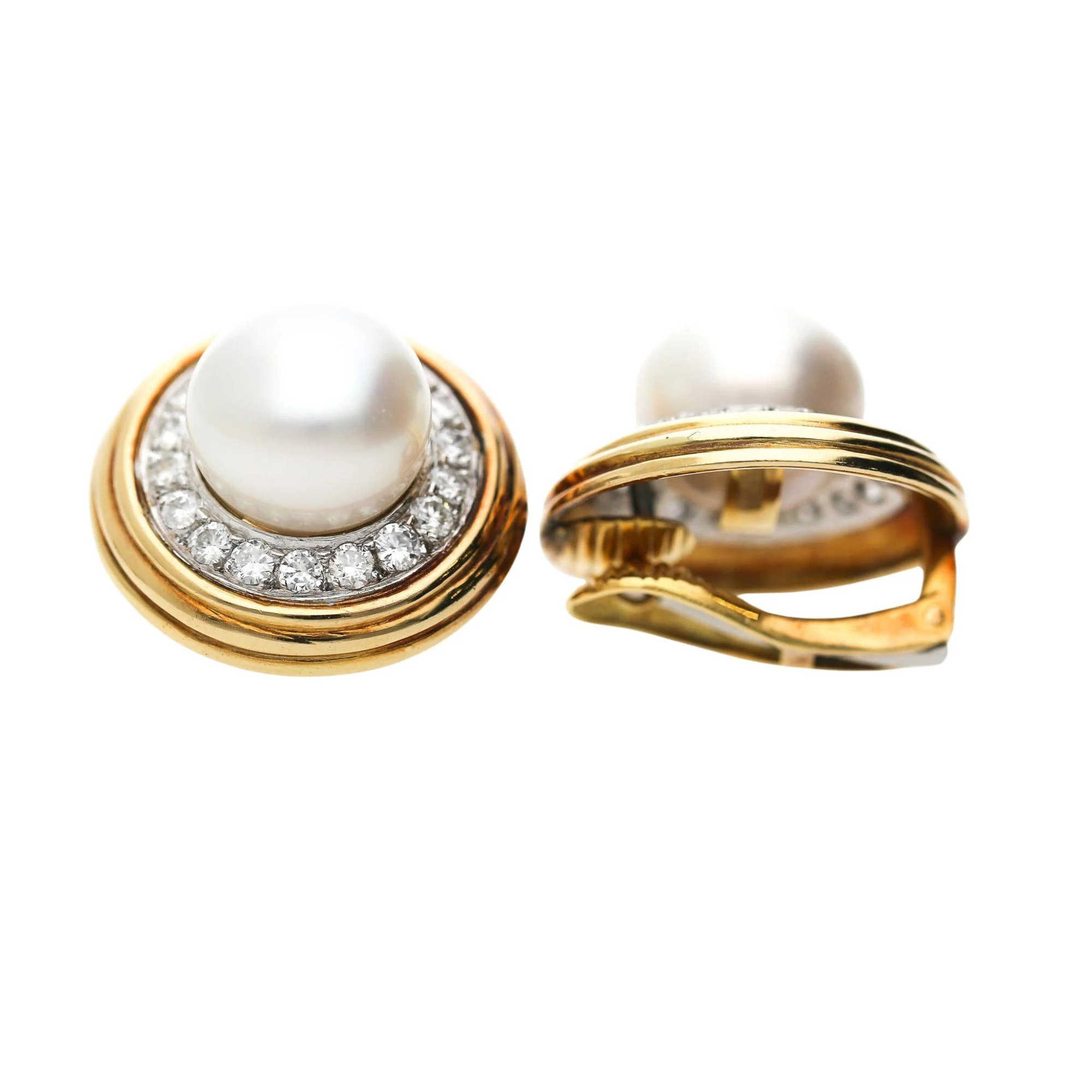 12mm South Sea Pearl 2.88 Carat Diamond Halo 18K Two Tone Gold Clip On Earring - Image 3
