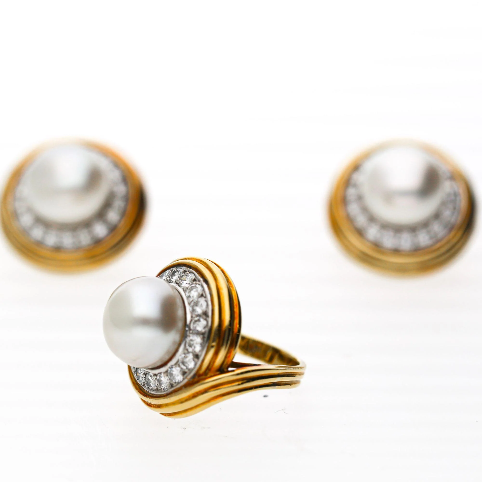 12mm South Sea Pearl 4.26 Carat Diamond 18K Two-Tone Gold Ring and Earring Set