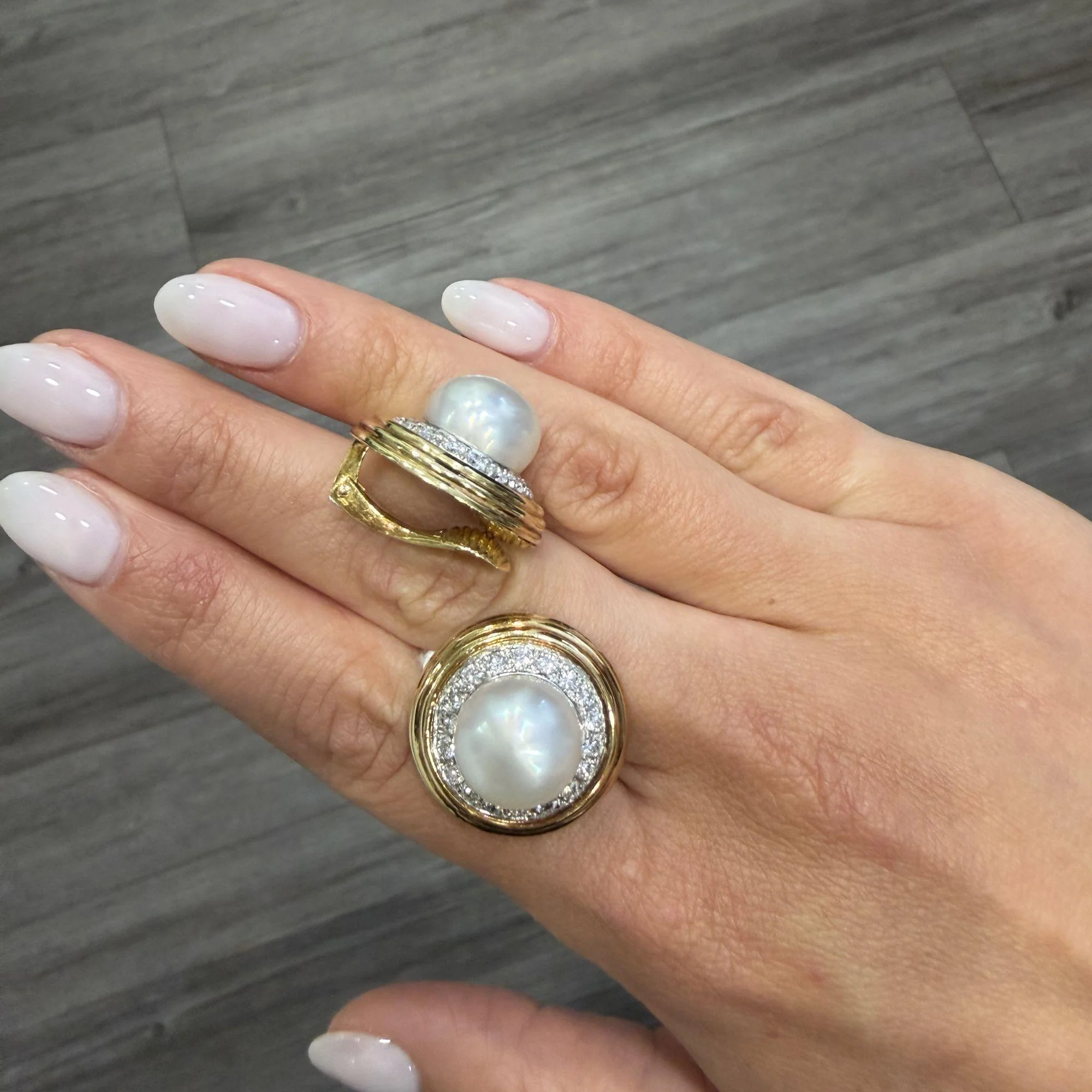 12mm South Sea Pearl 4.26 Carat Diamond 18K Two-Tone Gold Ring and Earring Set - Image 12