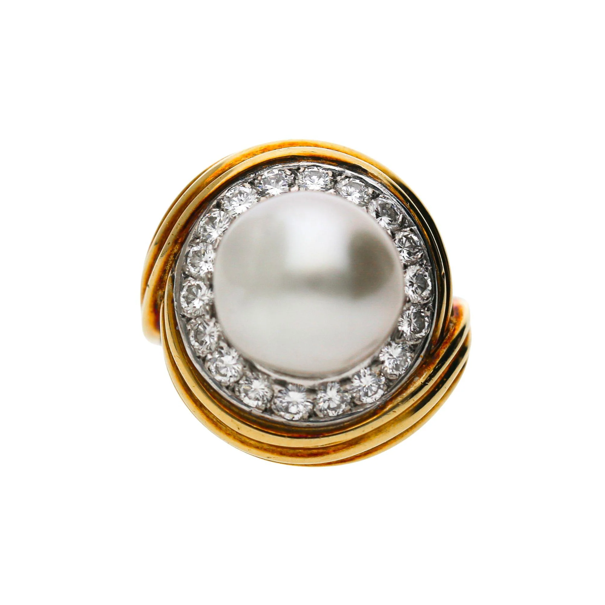 12mm South Sea Pearl 4.26 Carat Diamond 18K Two-Tone Gold Ring and Earring Set - Image 2