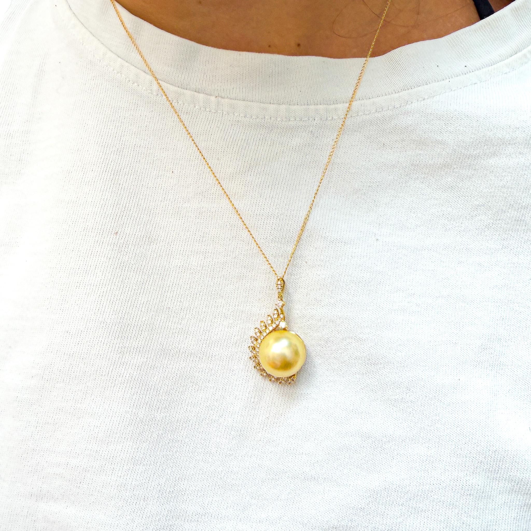 13mm Golden South Sea Pearl & Diamond 18K Gold Pendant Necklace - Image 3