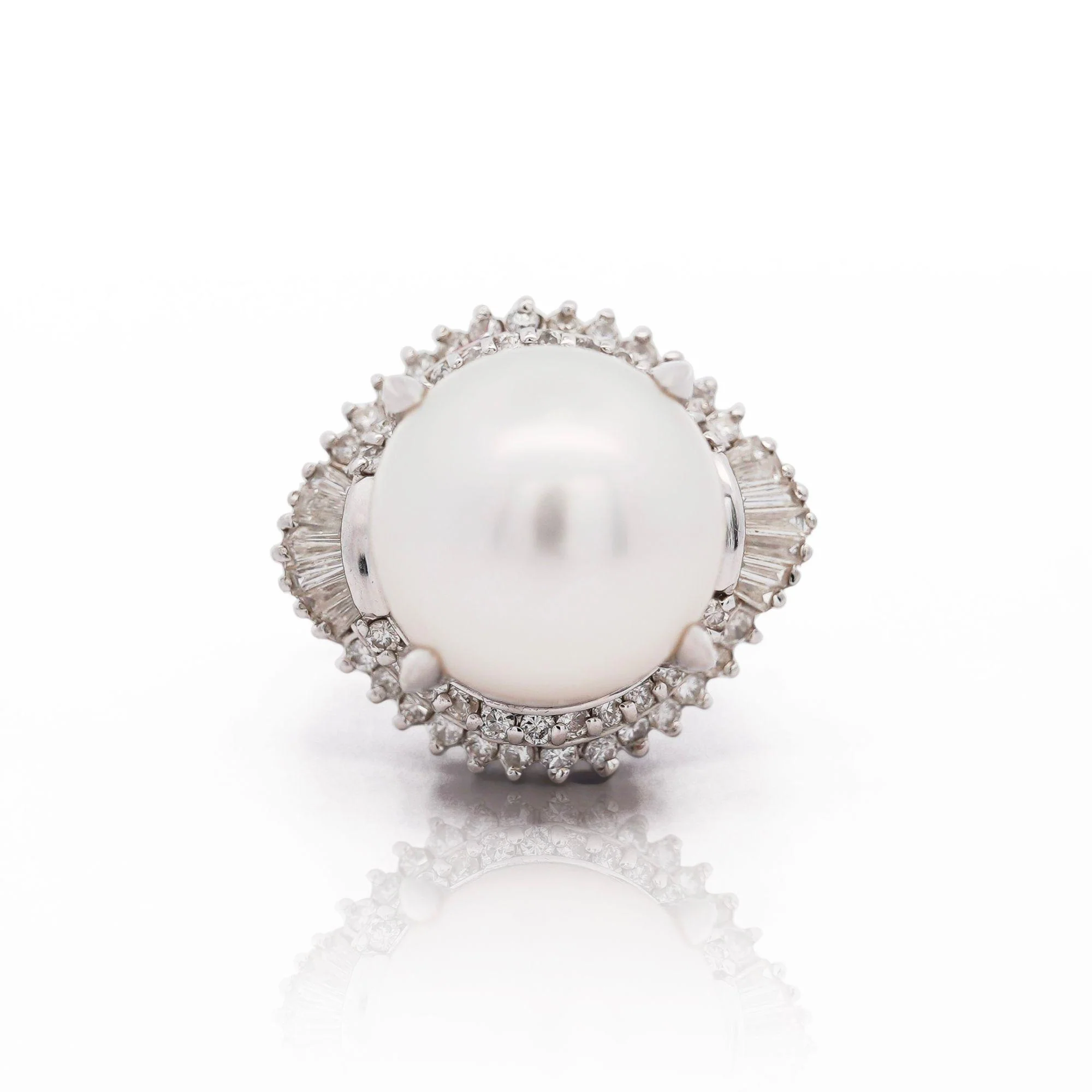 13mm South Sea Pearl & Baguette Diamond Halo Platinum Ballerina Ring
