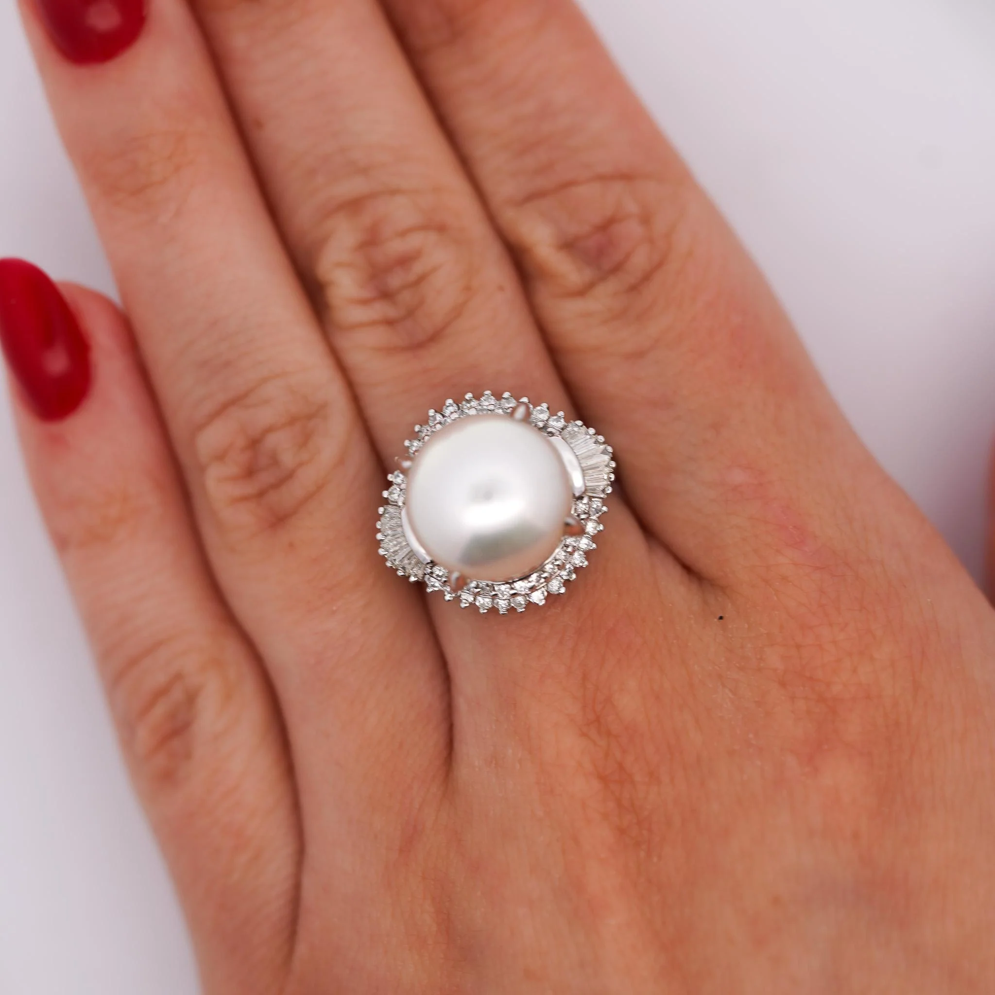 13mm South Sea Pearl & Baguette Diamond Halo Platinum Ballerina Ring - Image 2