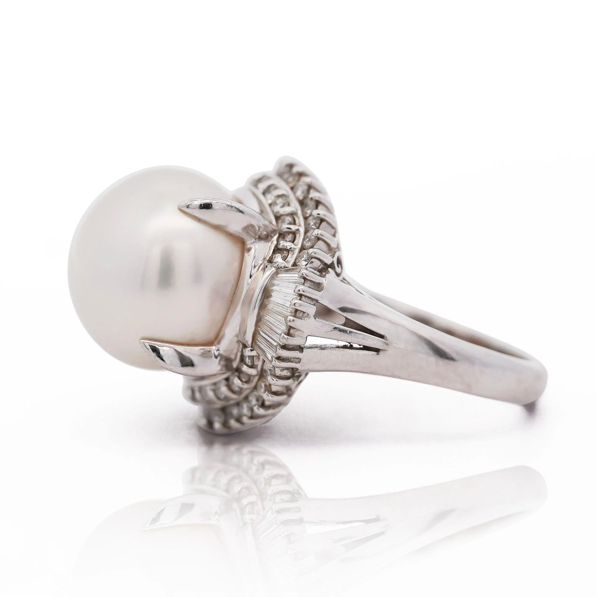 13mm South Sea Pearl & Baguette Diamond Halo Platinum Ballerina Ring - Image 5