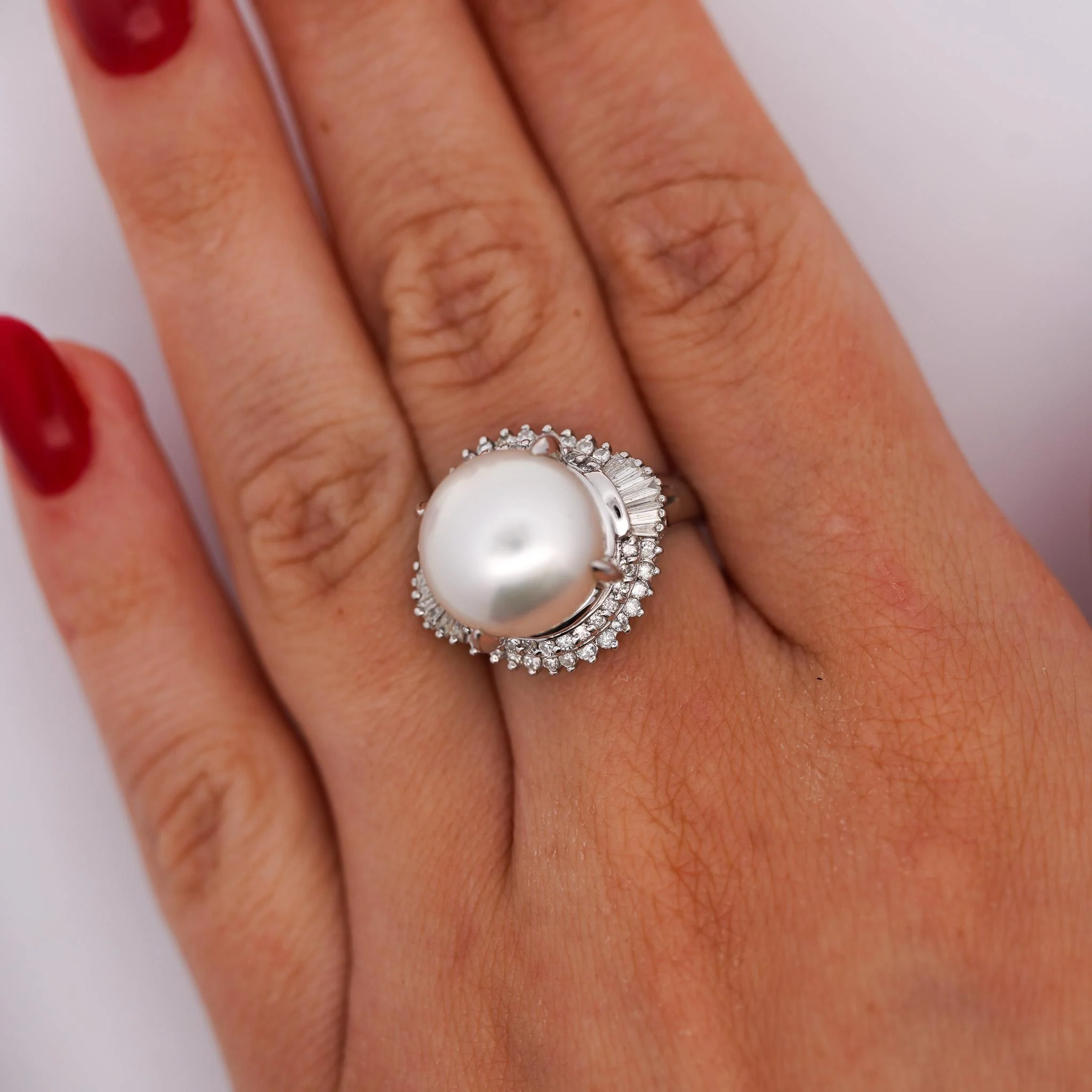 13mm South Sea Pearl & Baguette Diamond Halo Platinum Ballerina Ring - Image 7