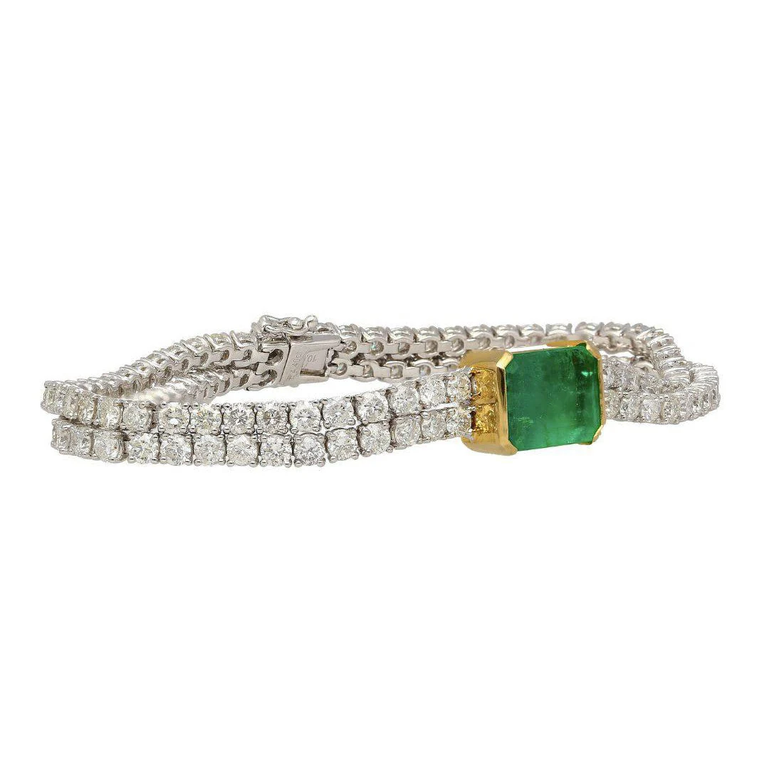 14ct Emerald Center and Diamond 2 Strand Tennis Bracelet - Image 7