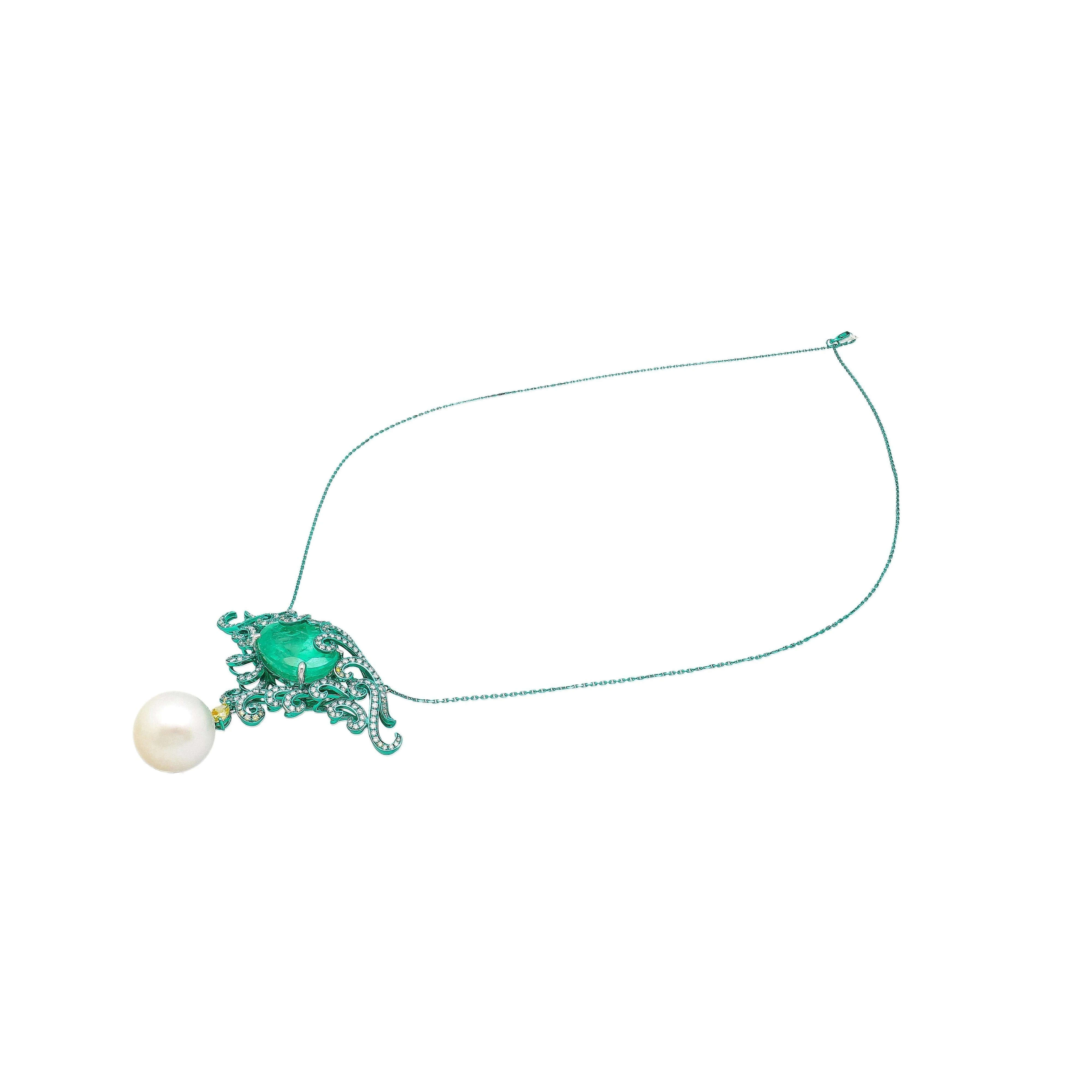 14.89 Carat Minor Oil Colombian Emerald & Green Gold Enamel Art Nouveau Necklace - Image 3