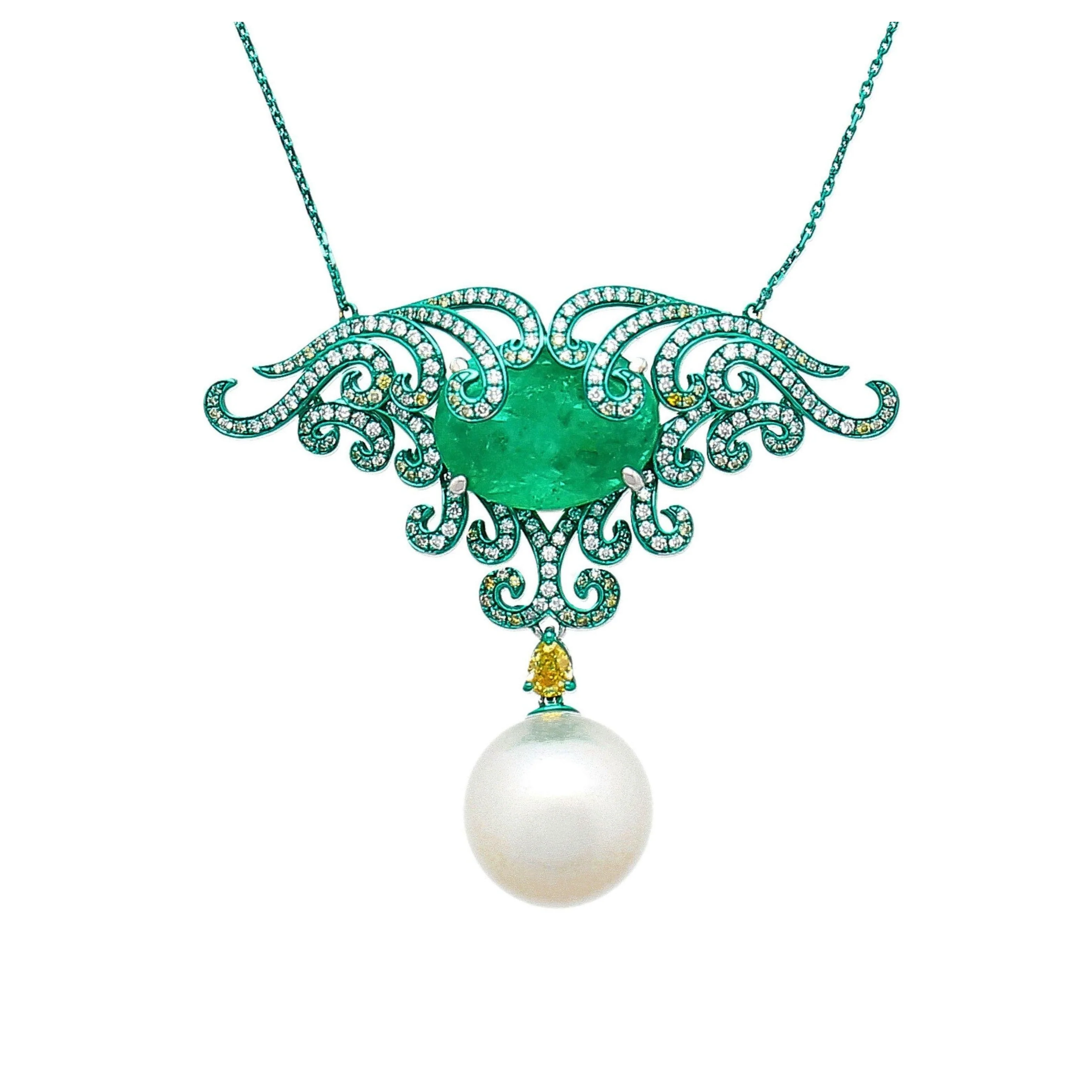14.89 Carat Minor Oil Colombian Emerald & Green Gold Enamel Art Nouveau Necklace - Image 9