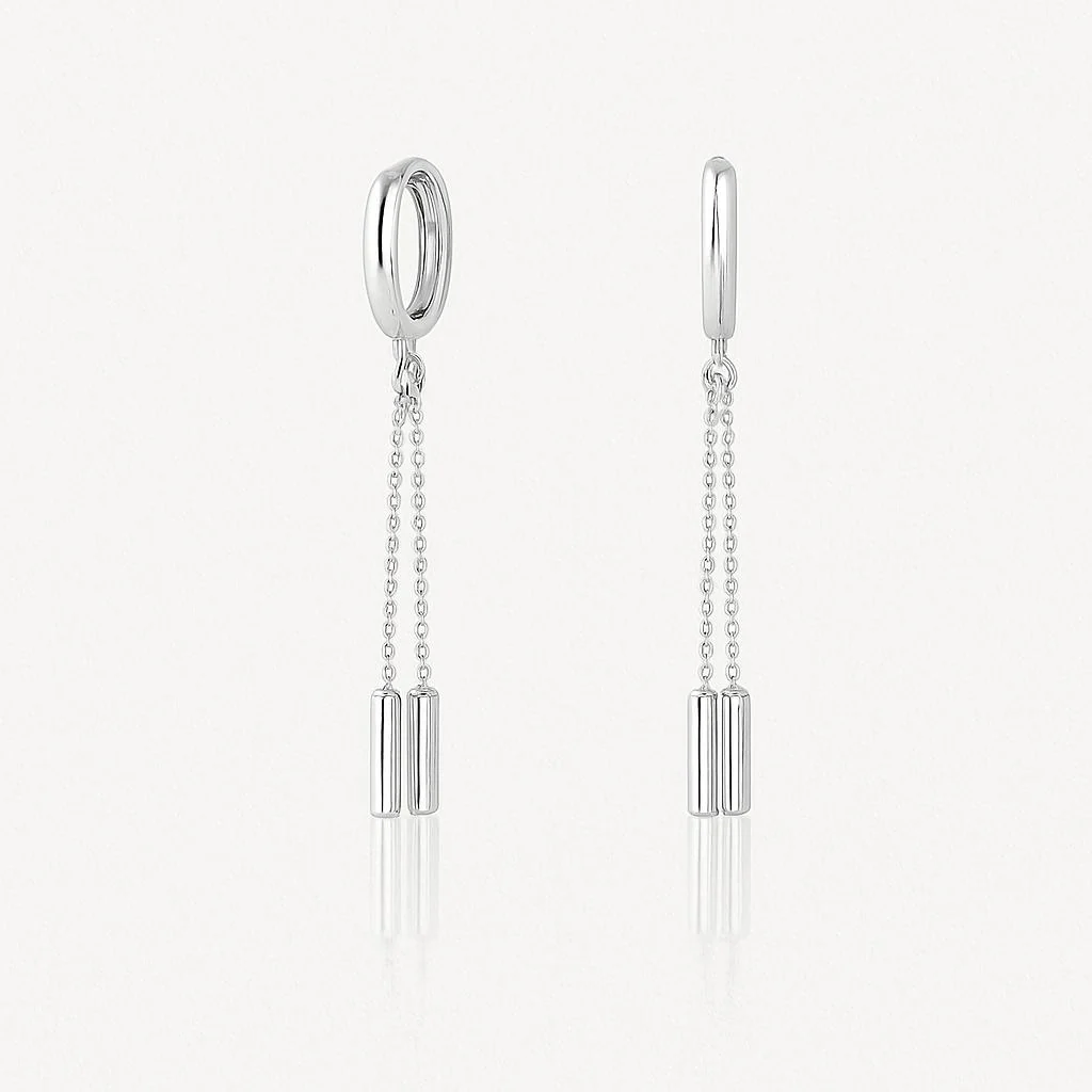 14K Gold Ball Chain Dangling Drop Huggie Hoop Earrings - Image 3