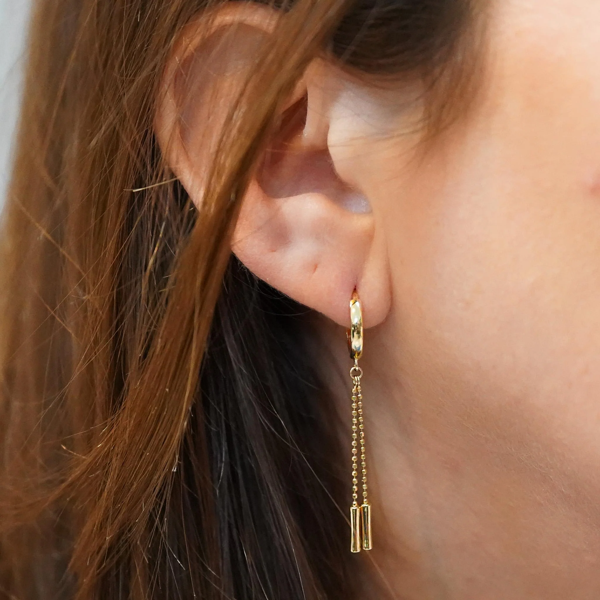 14K Gold Ball Chain Dangling Drop Huggie Hoop Earrings - Image 4