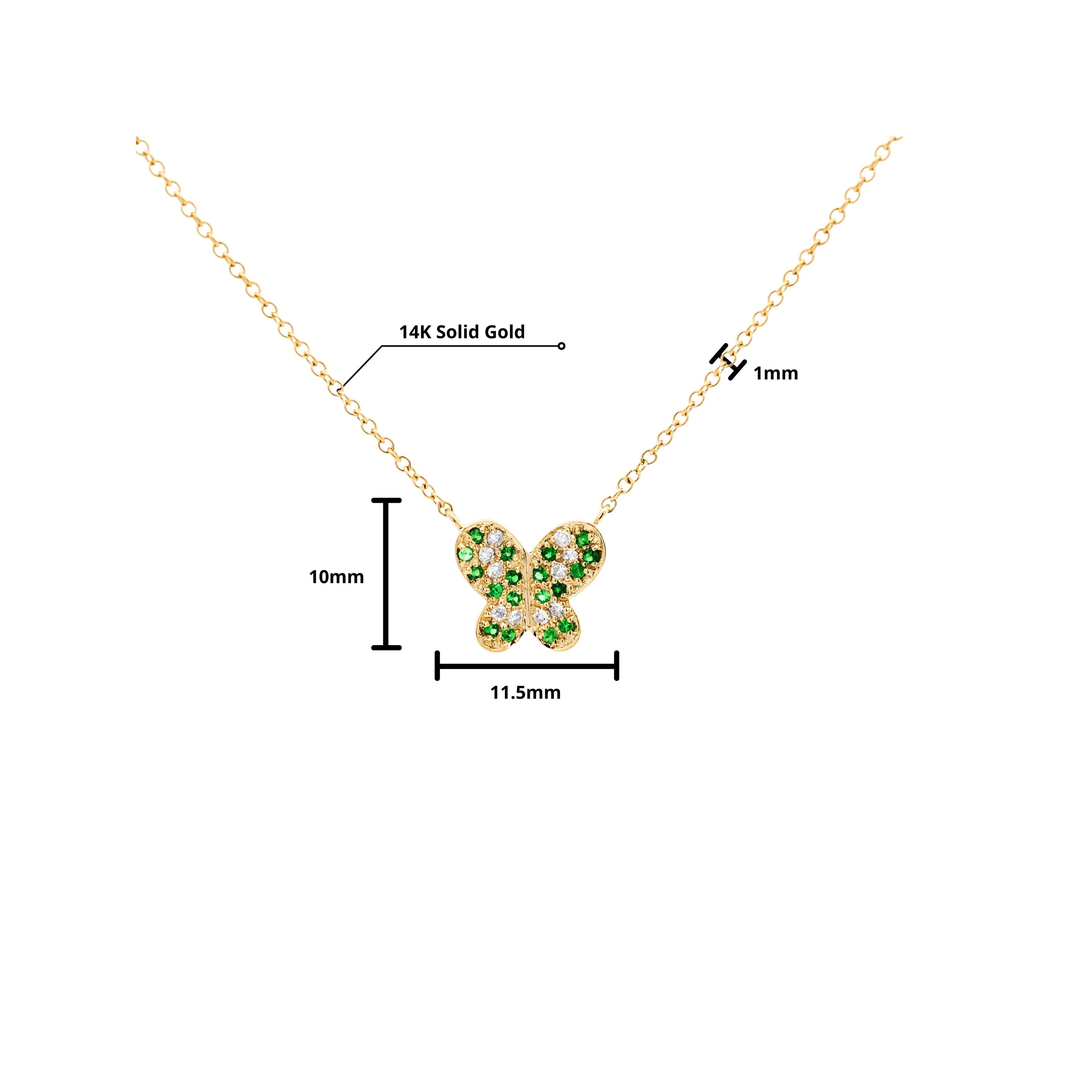 14k Solid Yellow Gold Tsavorite Butterfly Charm Floating Pendant Necklace - Image 10
