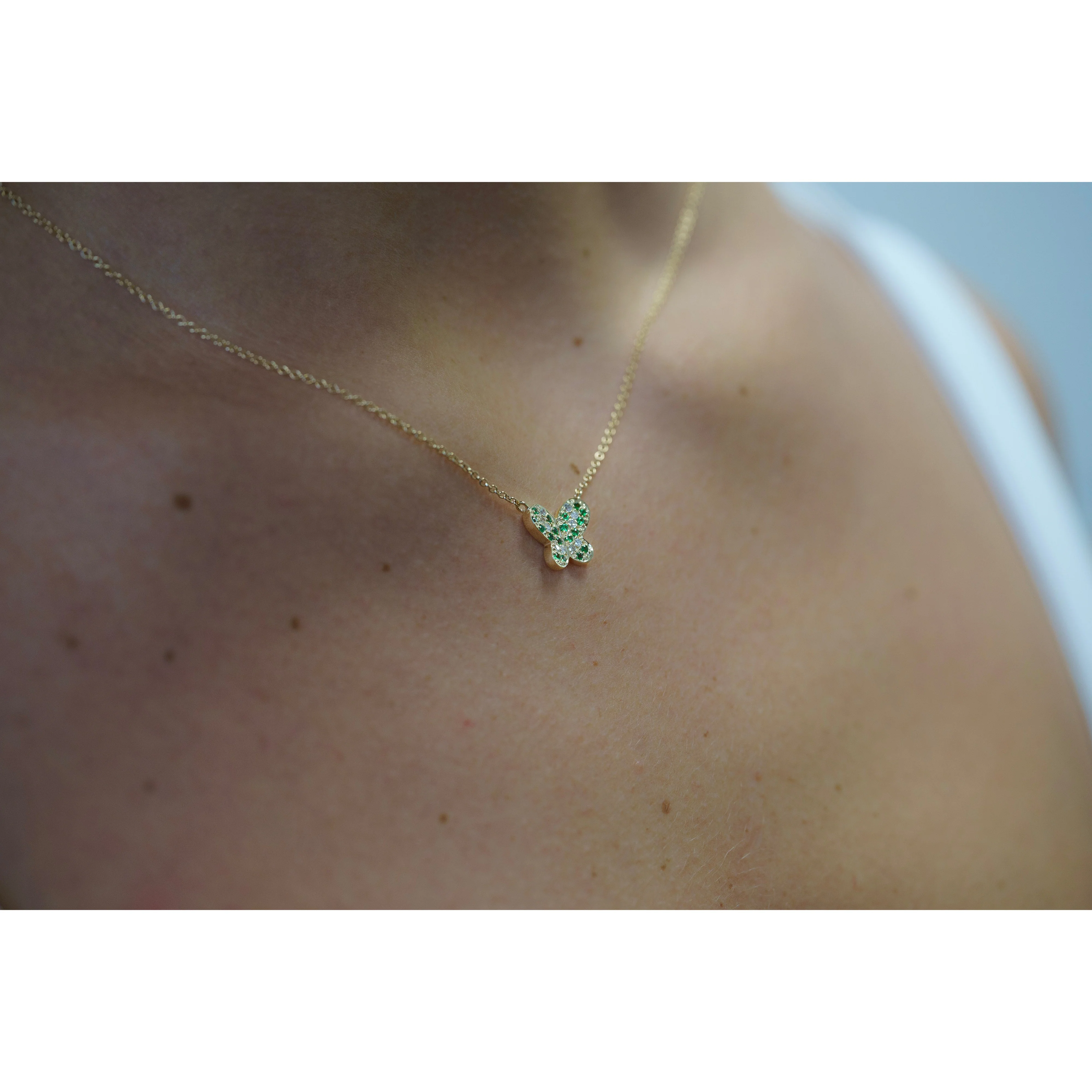 14k Solid Yellow Gold Tsavorite Butterfly Charm Floating Pendant Necklace - Image 3