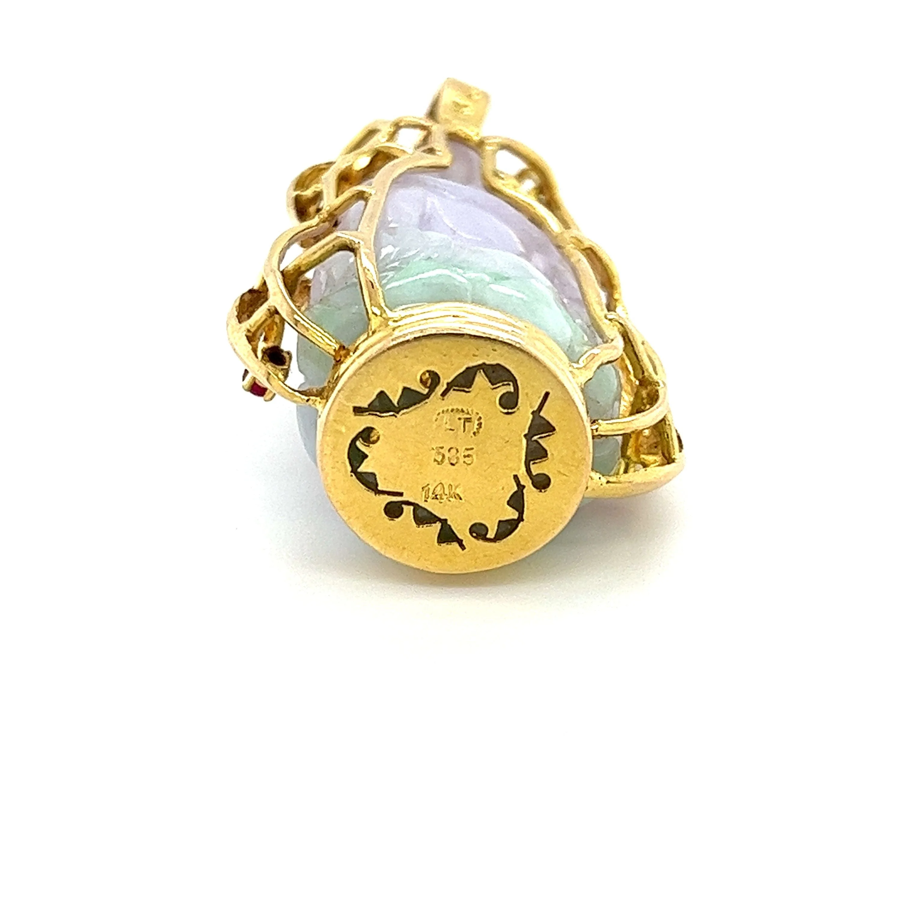 14K Gold Carved Lavender Jade Buddha Pendant Necklace - Image 4