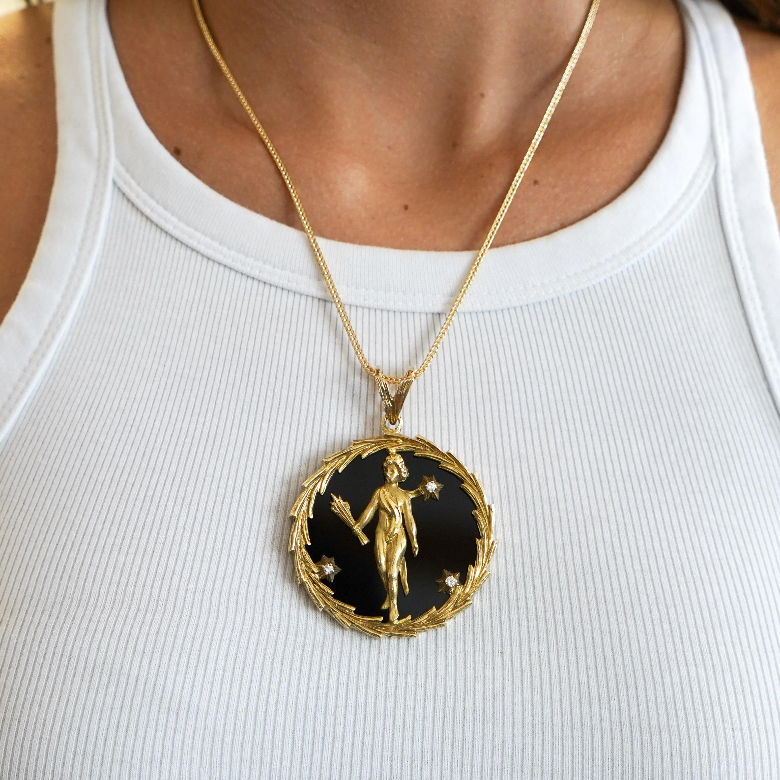 14K Gold Christian Medallion "Cupid" and Black Onyx Medallion Pendant - Image 2