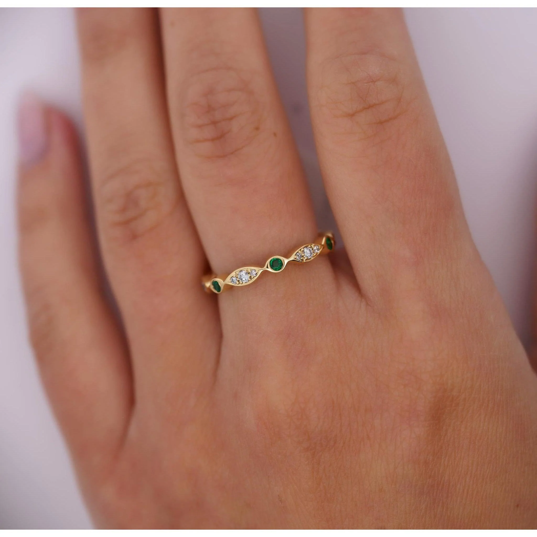 14K Gold Emerald and Lab Diamond Bezel Stacking 3MM Band Wave Ring - Image 2