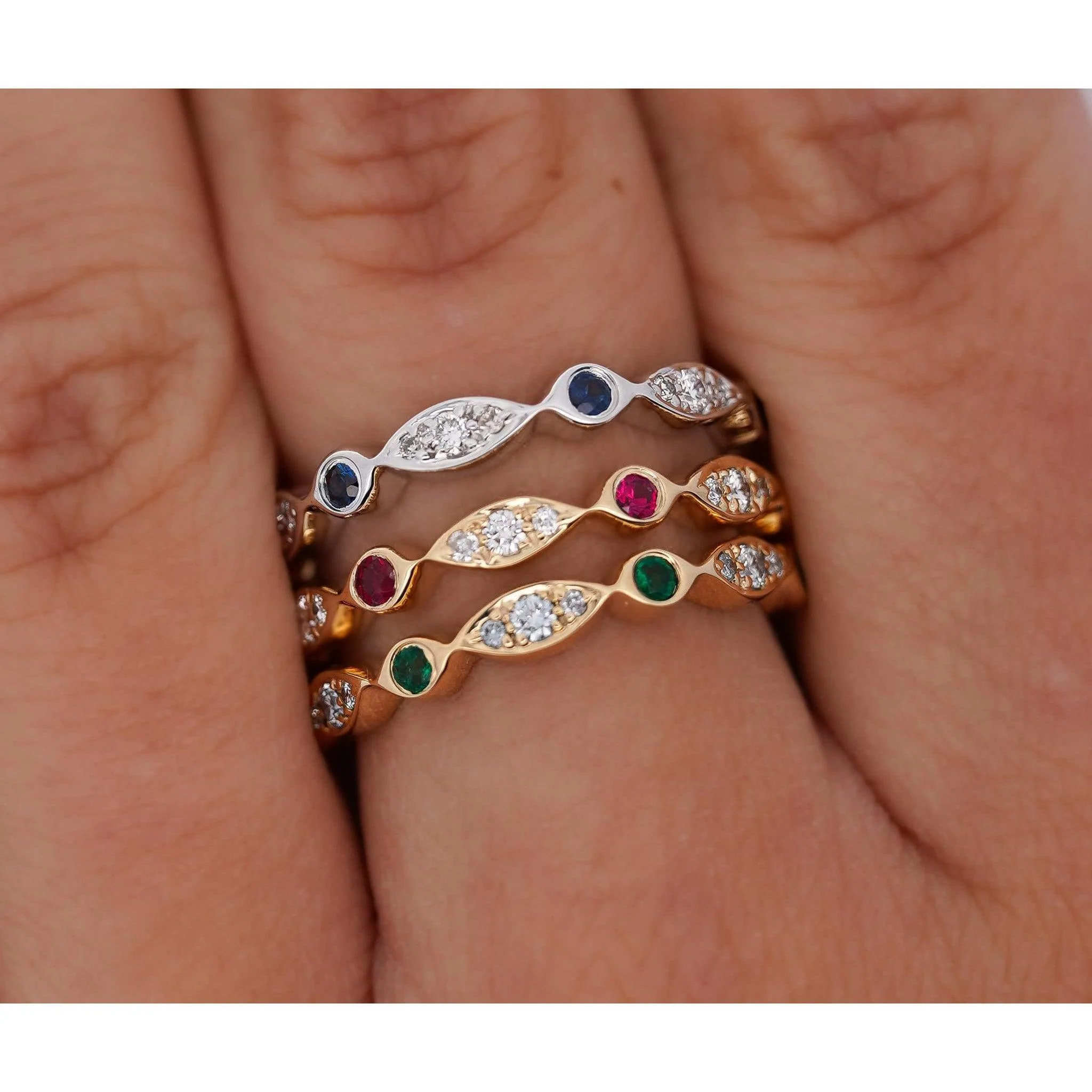 14K Gold Emerald and Lab Diamond Bezel Stacking 3MM Band Wave Ring - Image 3