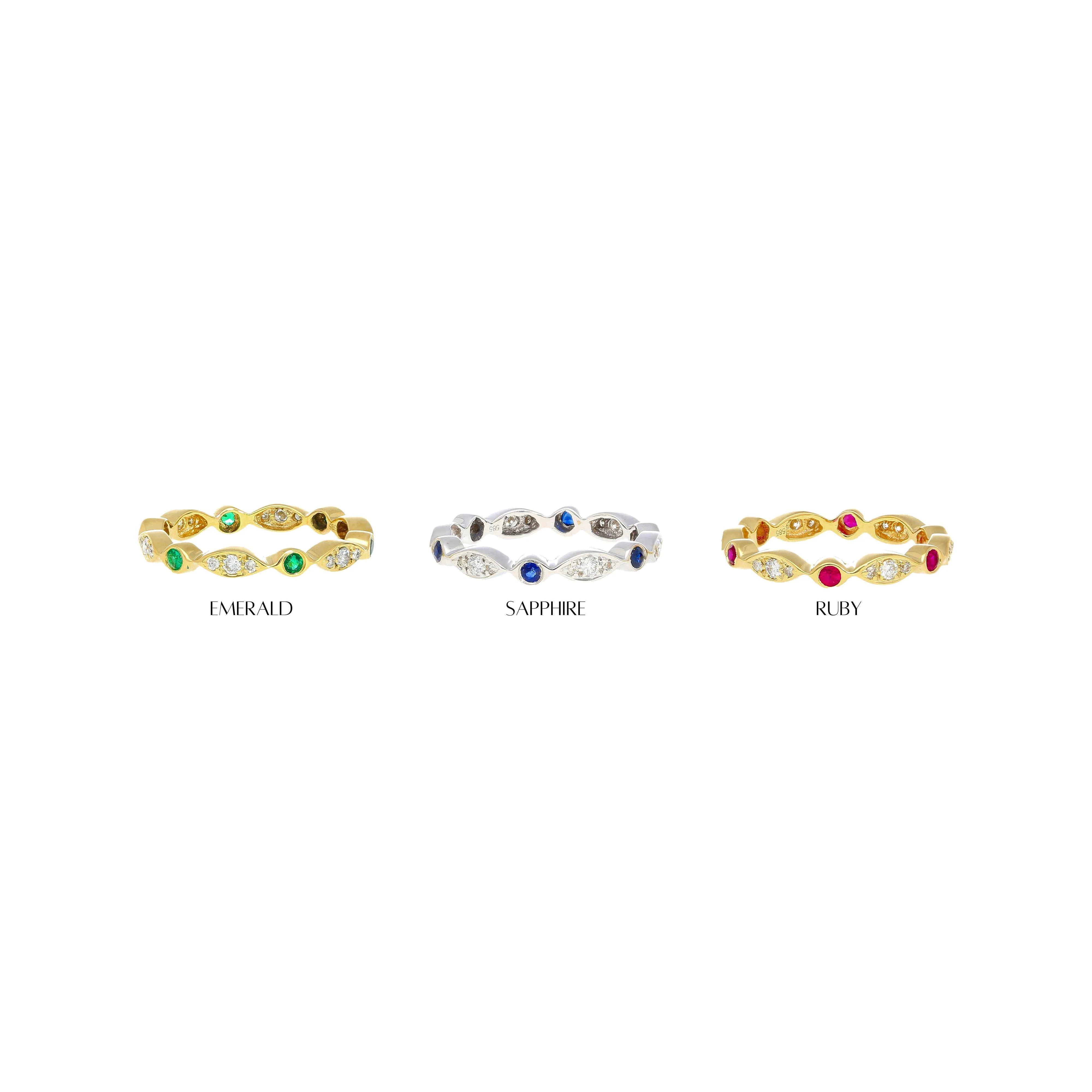 14K Gold Emerald and Lab Diamond Bezel Stacking 3MM Band Wave Ring - Image 7