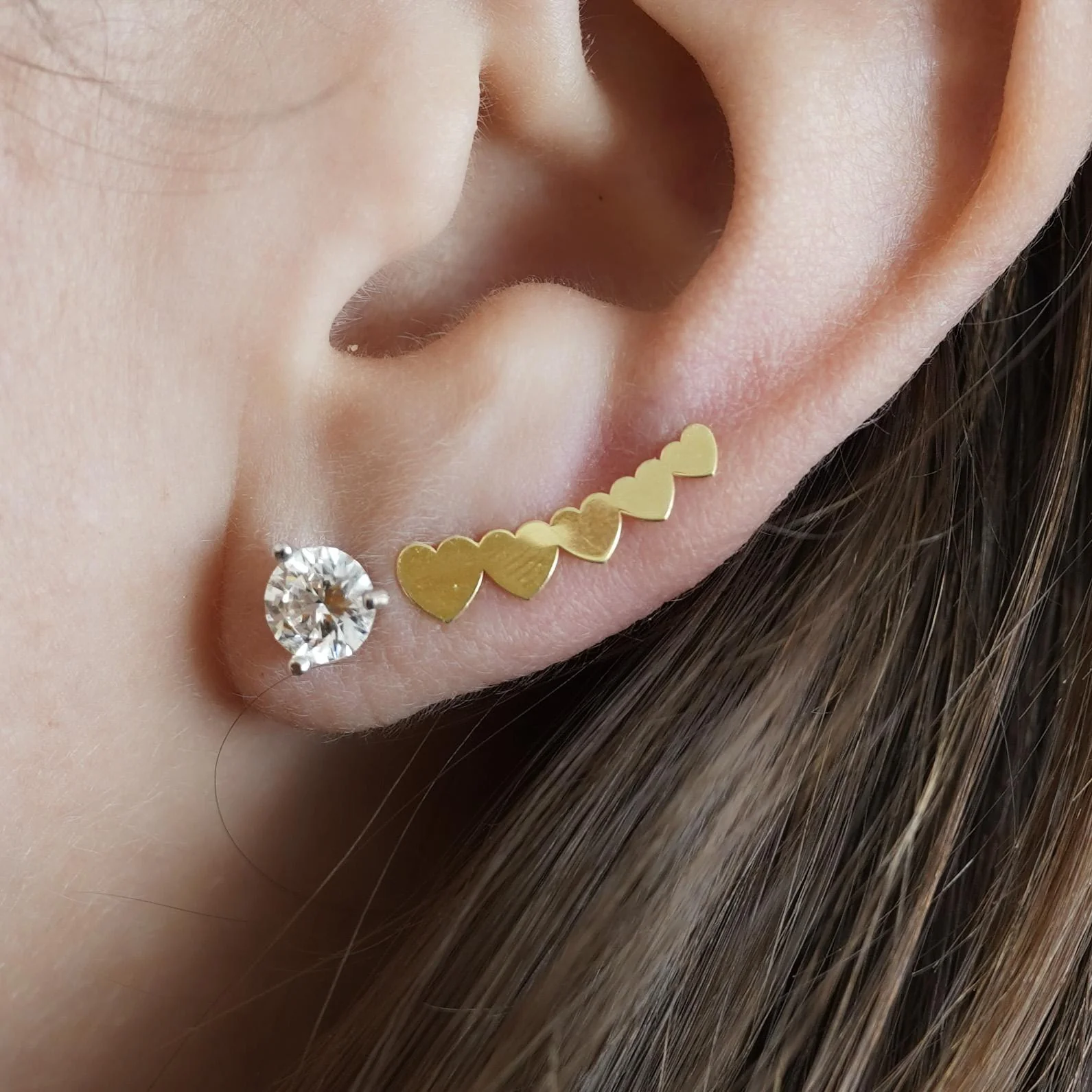 14K Gold Graduating Ear Climber Heart Earrings - Image 7