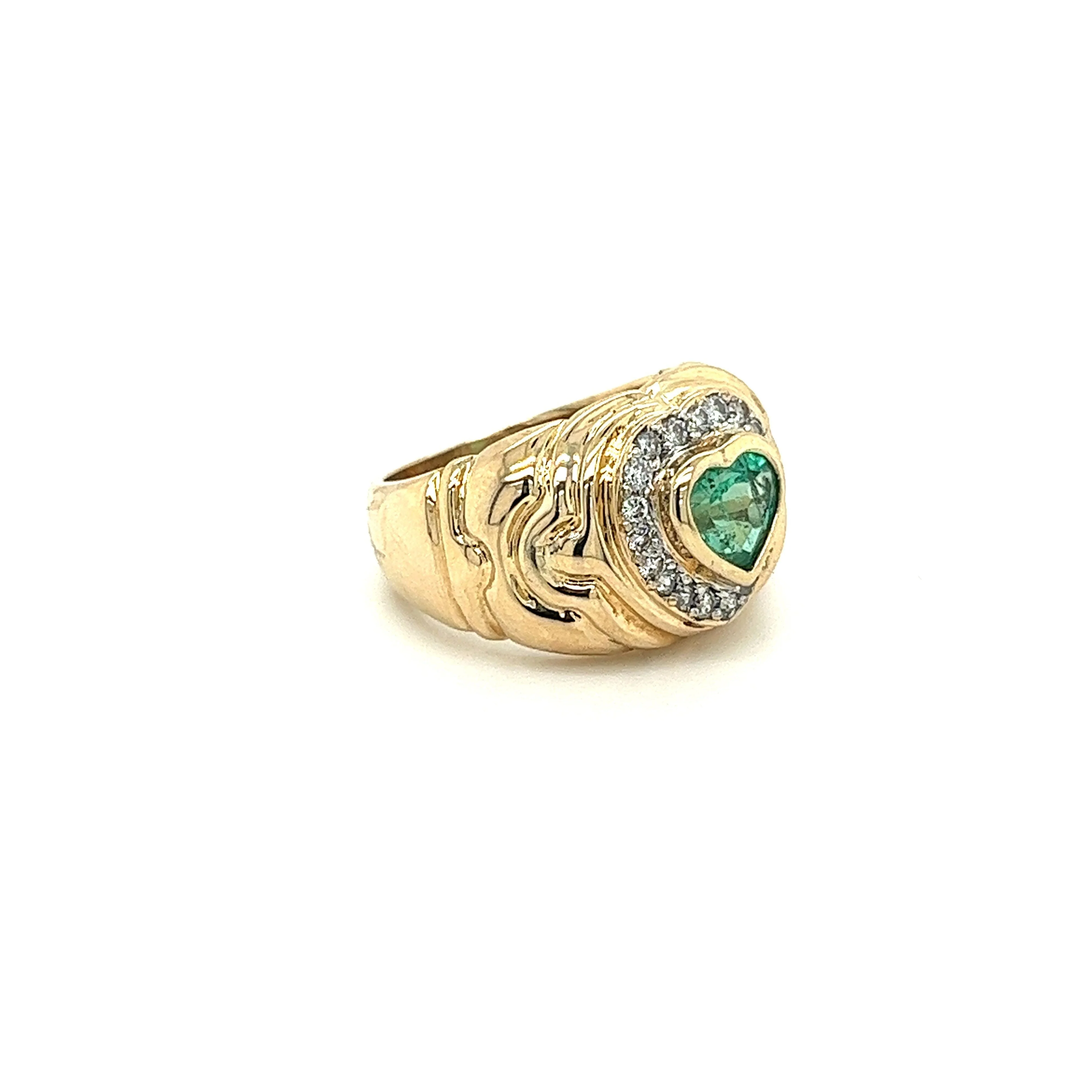 14K Solid Gold Heart Shape Emerald and Diamond Pinky Ring - Image 2