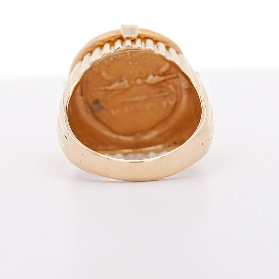 14K Gold Intaglio Zeus Coin Ribbed Band Signet Mens Ring - Image 5