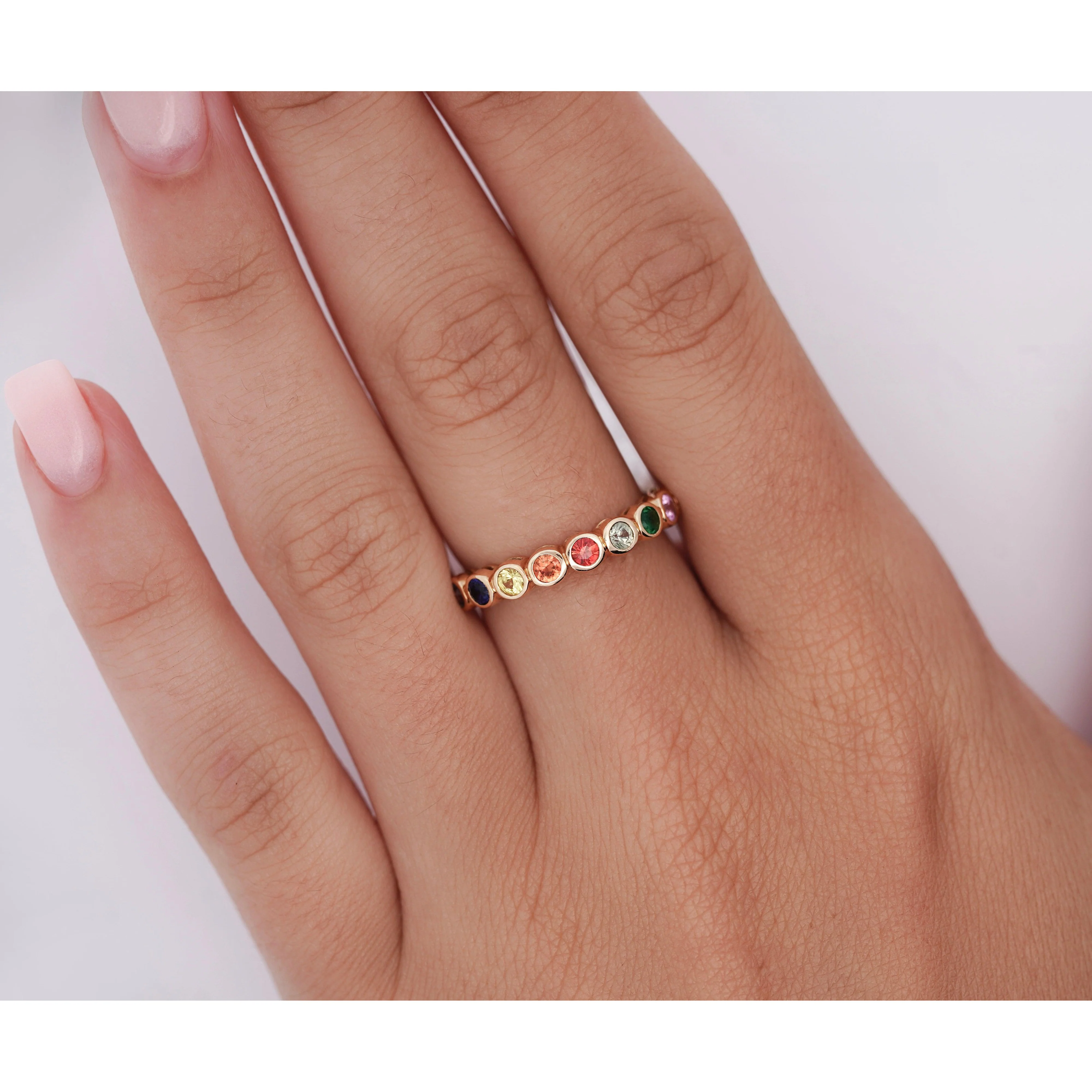 14K Gold Rainbow Multi Color Bezel Set Gemstone Stacking Band Ring - Image 2