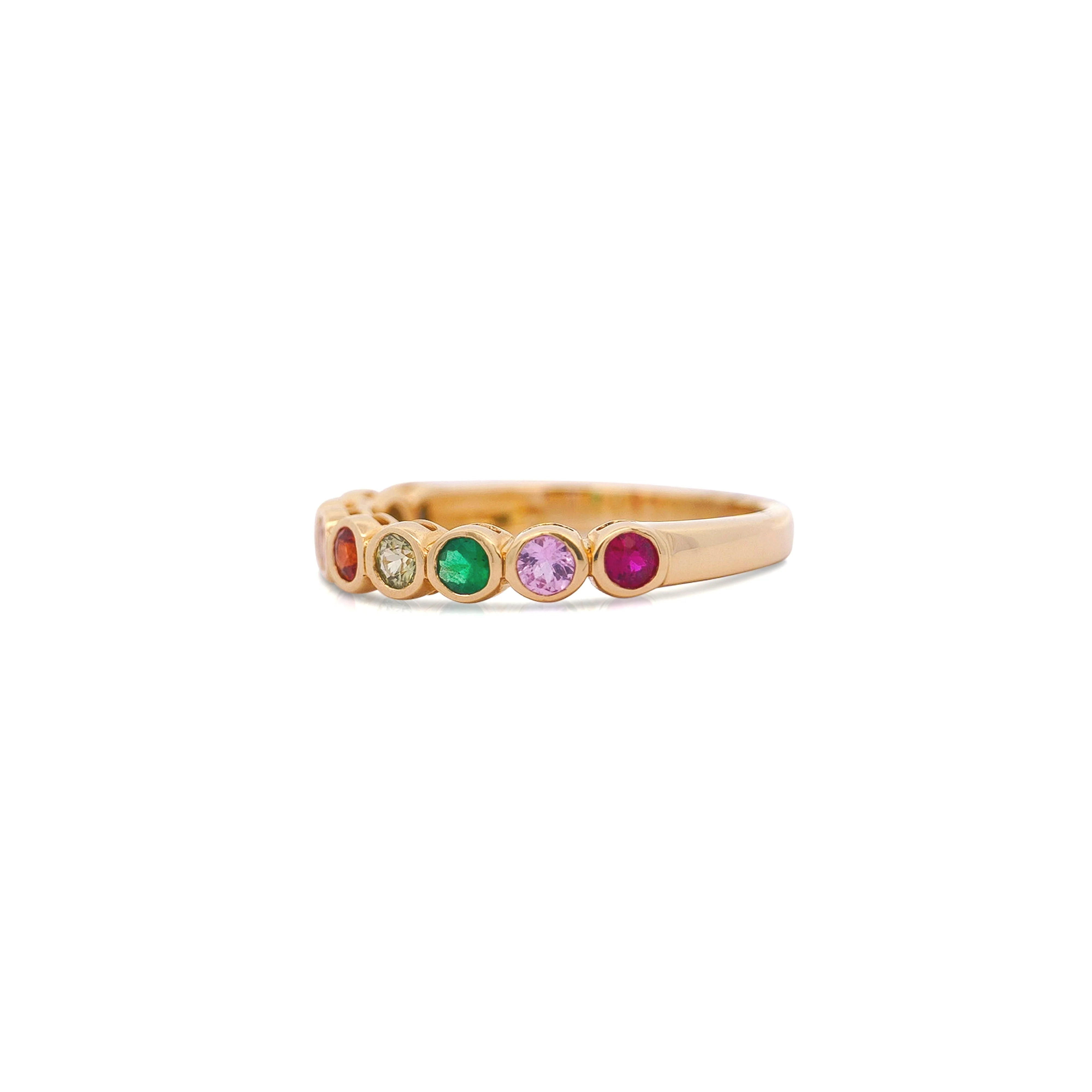 14K Gold Rainbow Multi Color Bezel Set Gemstone Stacking Band Ring - Image 3