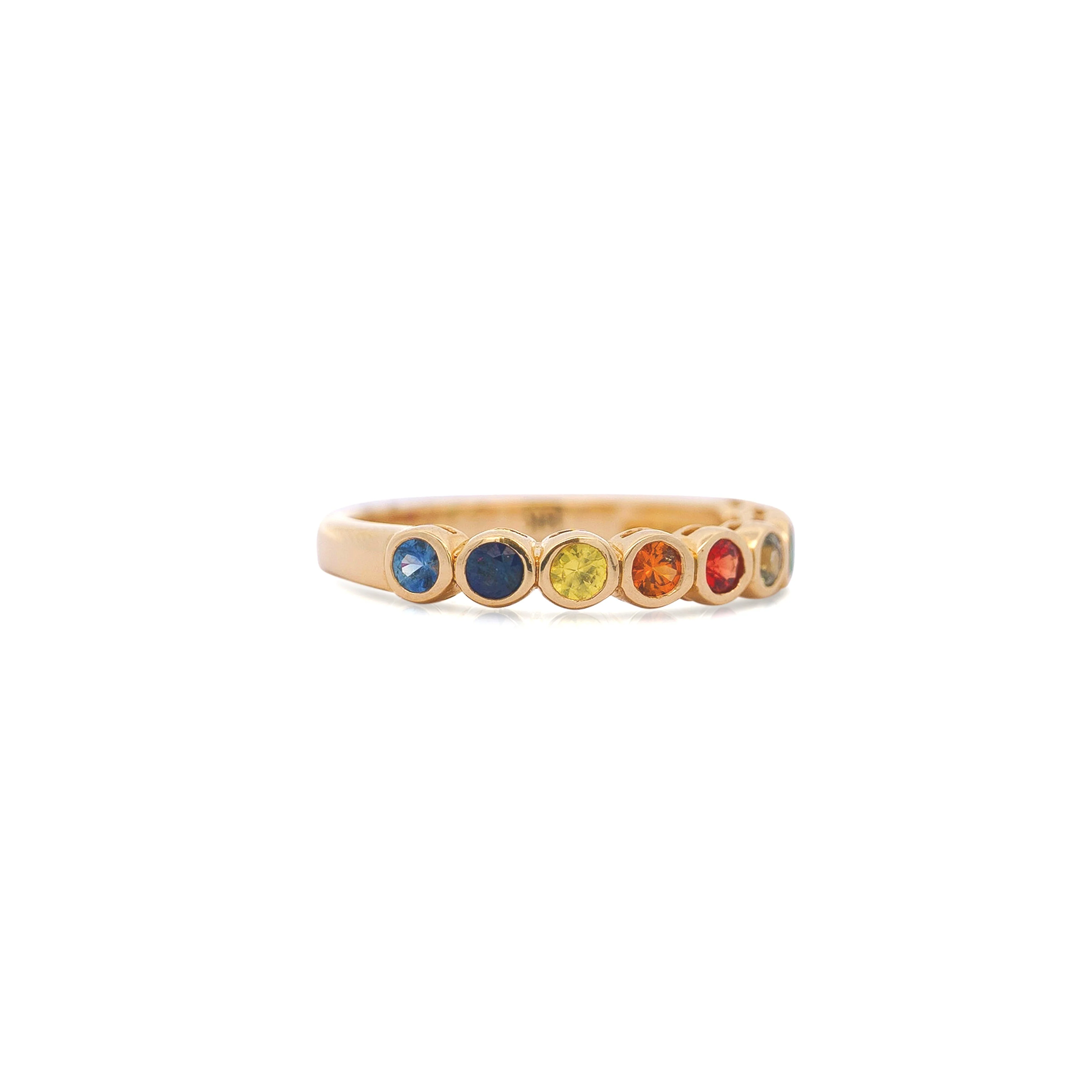 14K Gold Rainbow Multi Color Bezel Set Gemstone Stacking Band Ring - Image 4