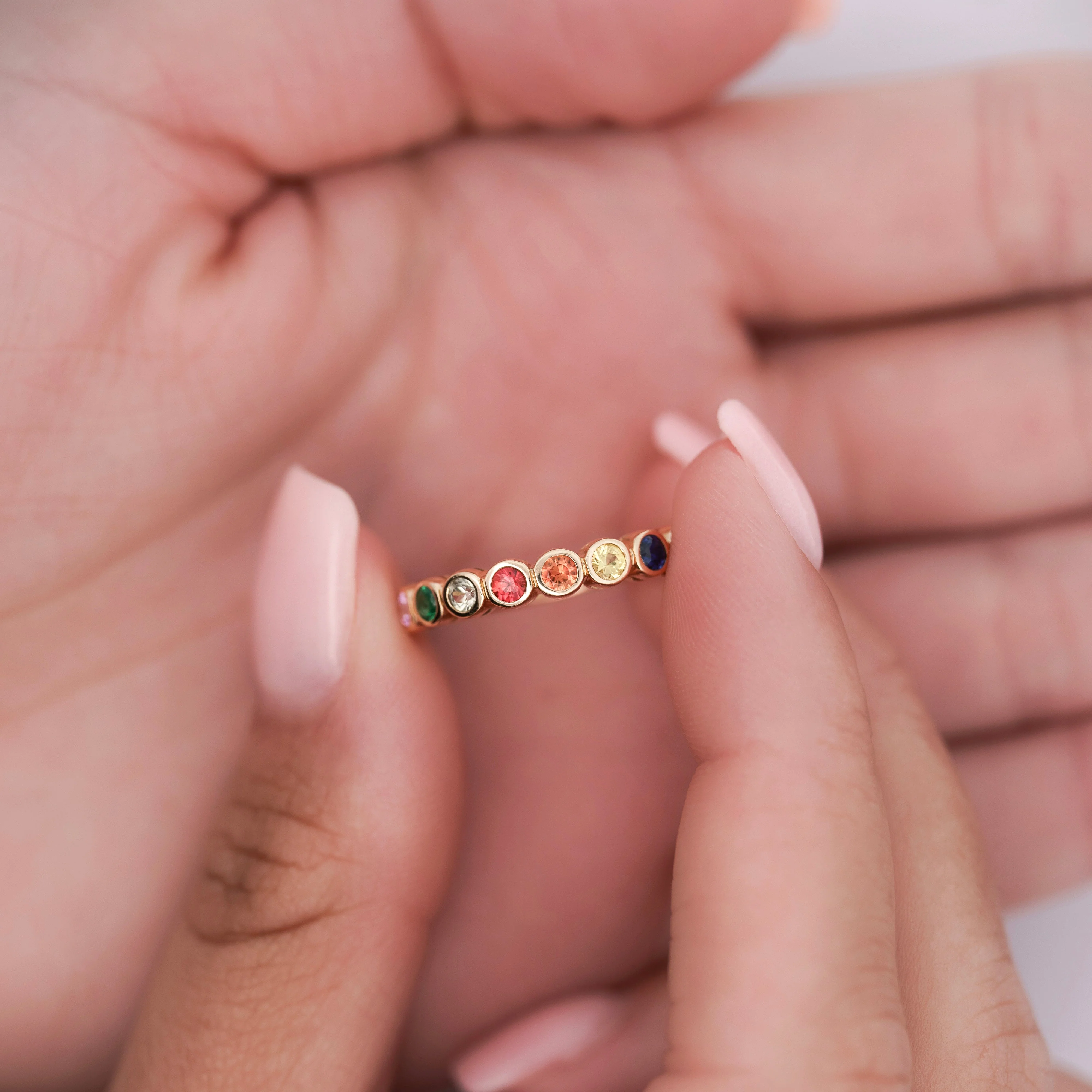 14K Gold Rainbow Multi Color Bezel Set Gemstone Stacking Band Ring - Image 5