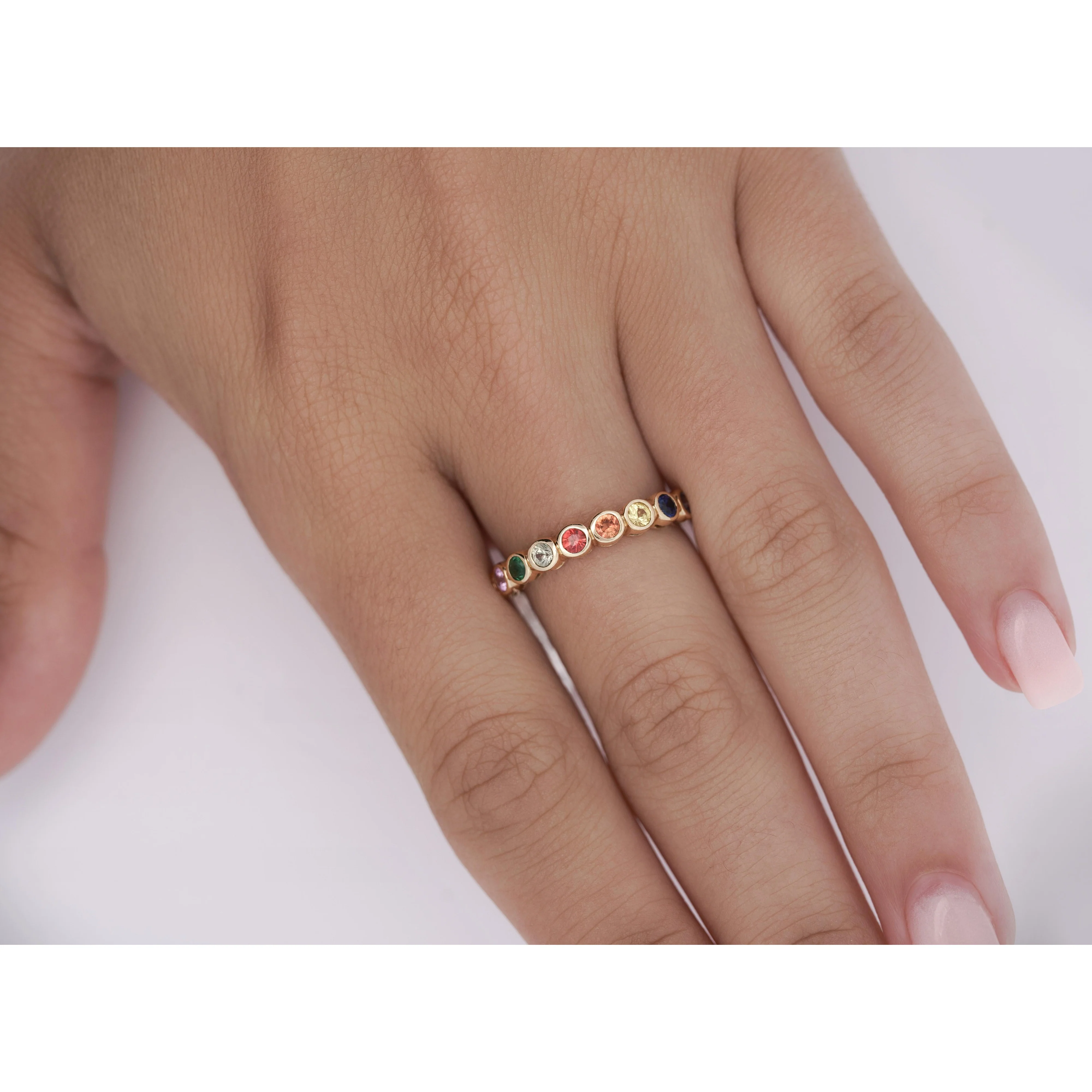14K Gold Rainbow Multi Color Bezel Set Gemstone Stacking Band Ring - Image 6