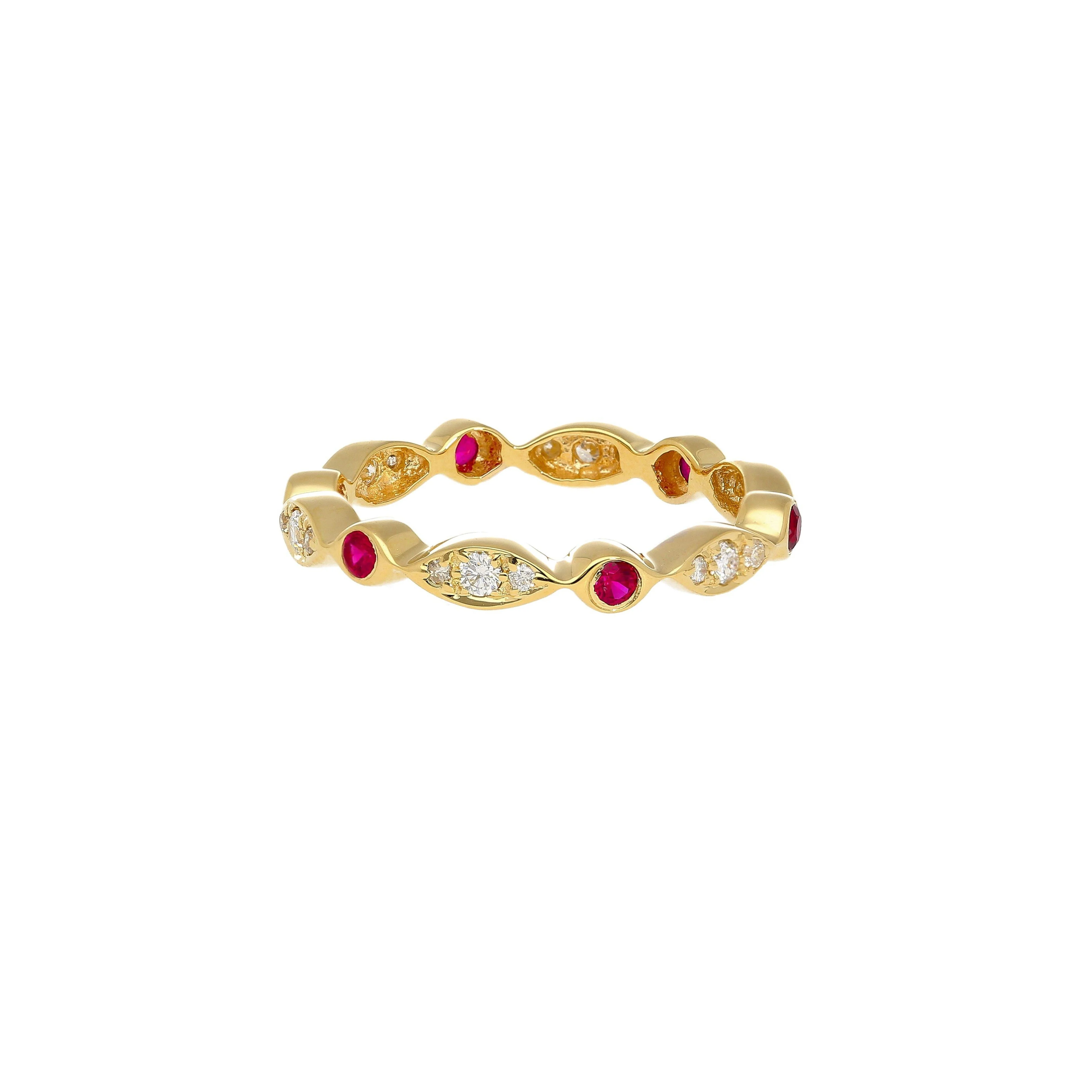 14K Gold Ruby and Diamond Bezel Stack Band 3MM Wavy Ring - Image 2