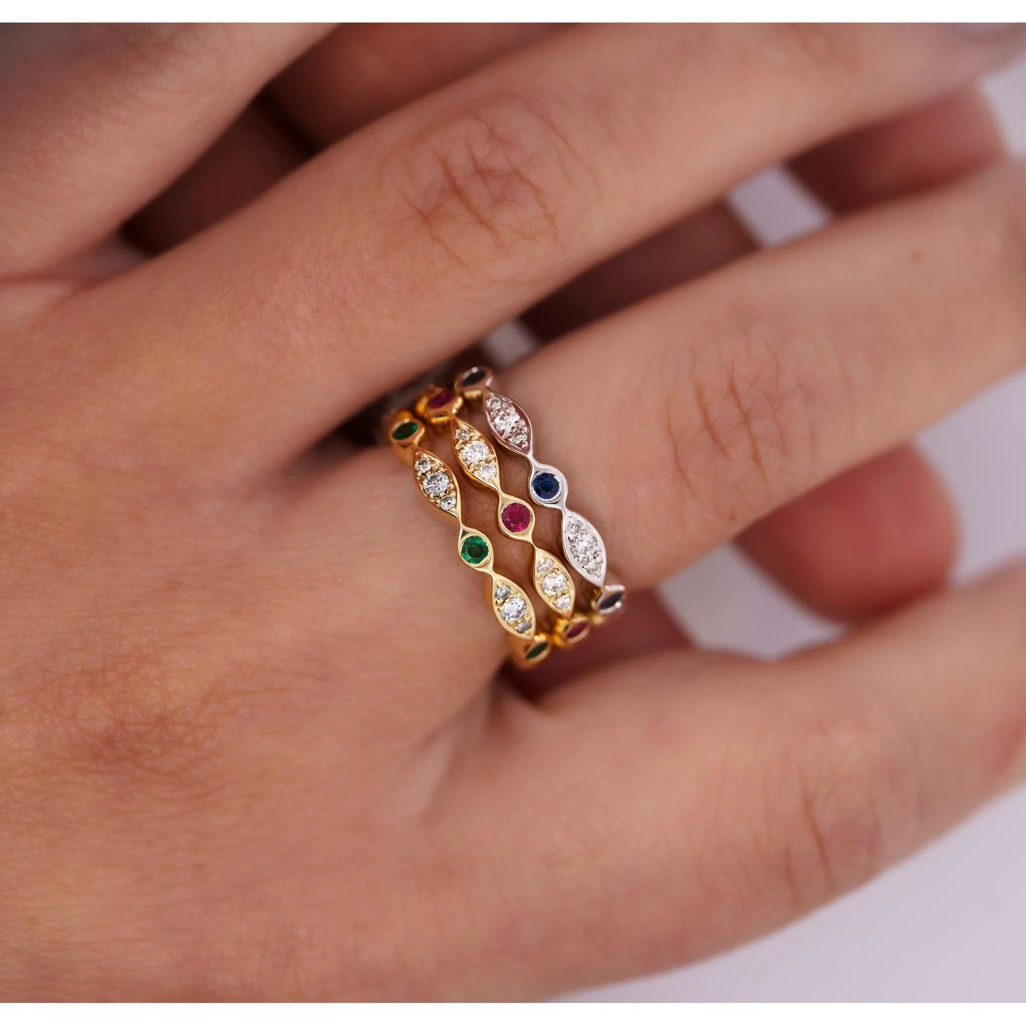 14K Gold Ruby and Diamond Bezel Stack Band 3MM Wavy Ring - Image 3
