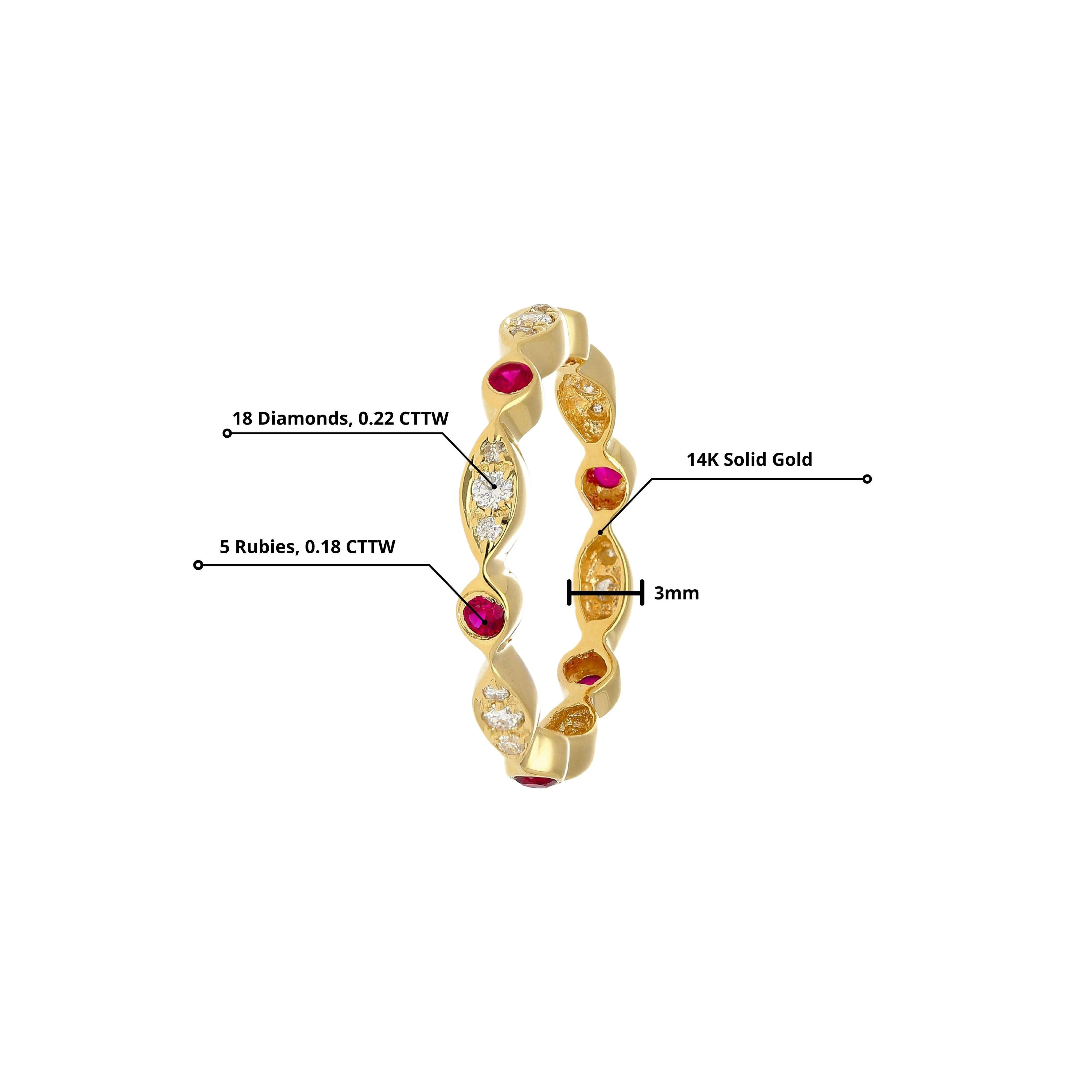 14K Gold Ruby and Diamond Bezel Stack Band 3MM Wavy Ring - Image 4