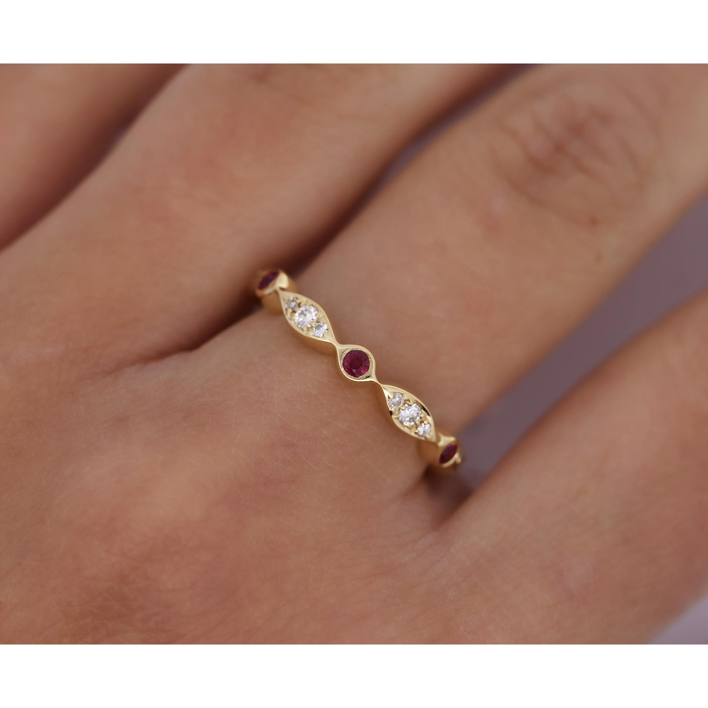 14K Gold Ruby and Diamond Bezel Stack Band 3MM Wavy Ring - Image 5