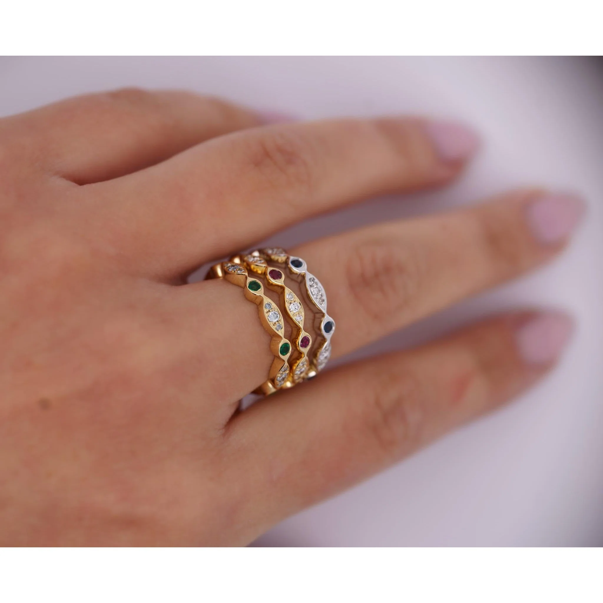 14K Gold Ruby and Diamond Bezel Stack Band 3MM Wavy Ring - Image 6