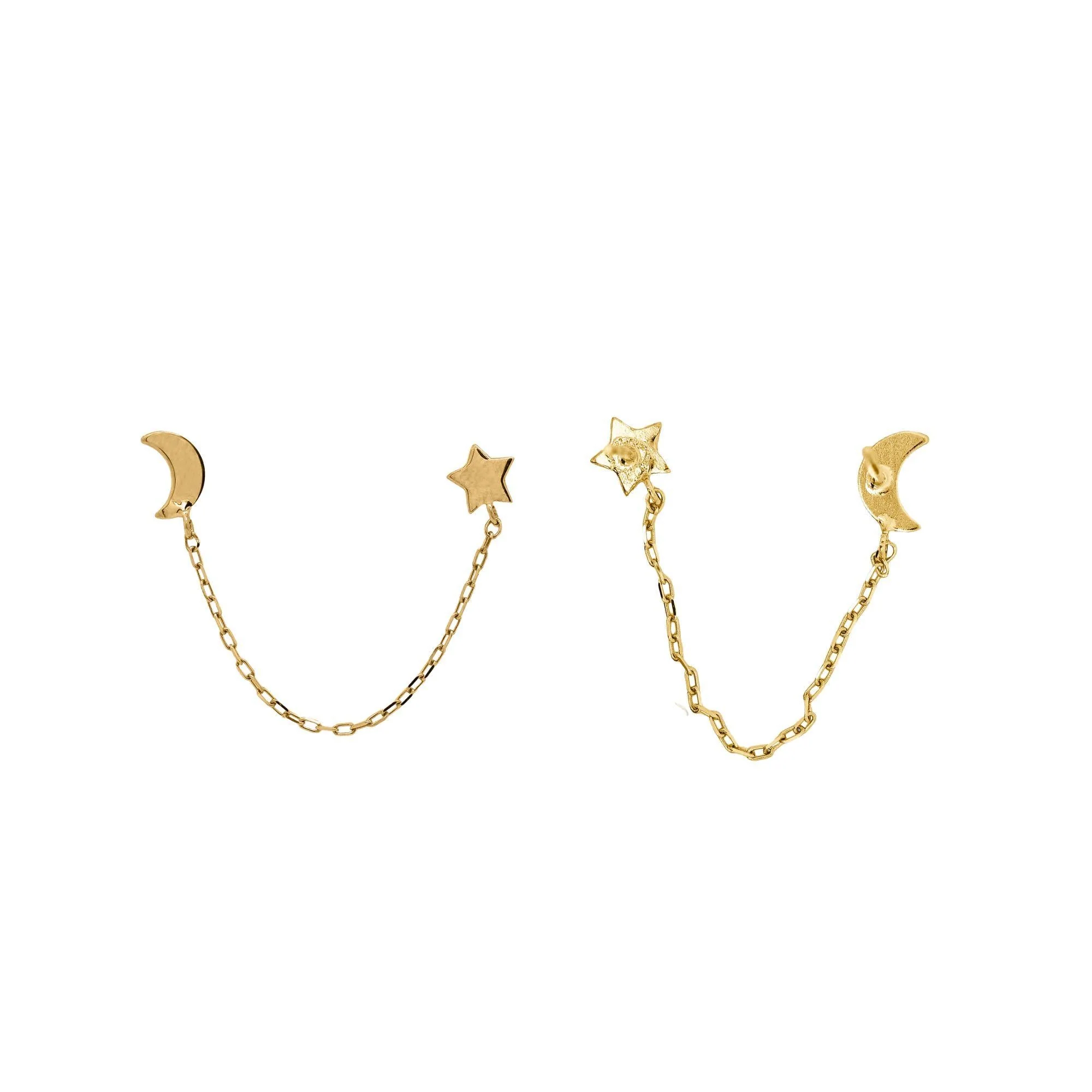 14K Gold Star and Moon with Connecting Chain Double Stud Earrings - Image 6