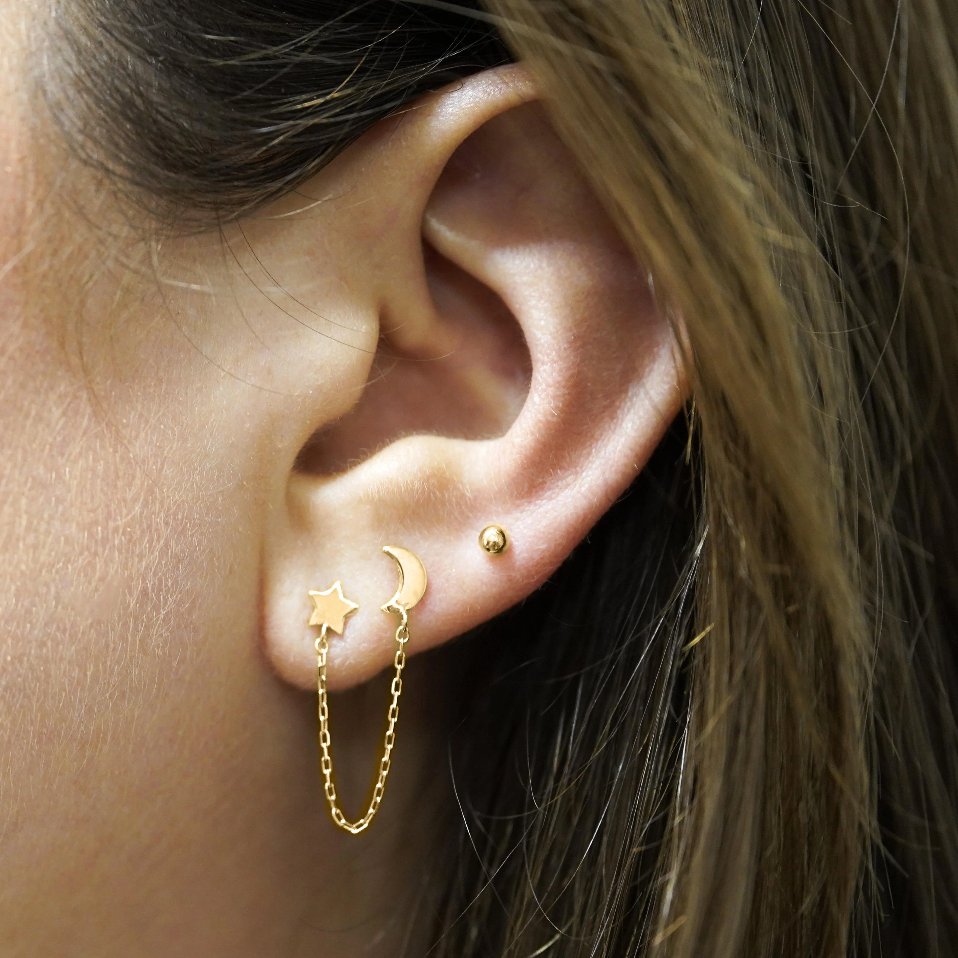 14K Gold Star and Moon with Connecting Chain Double Stud Earrings - Image 9