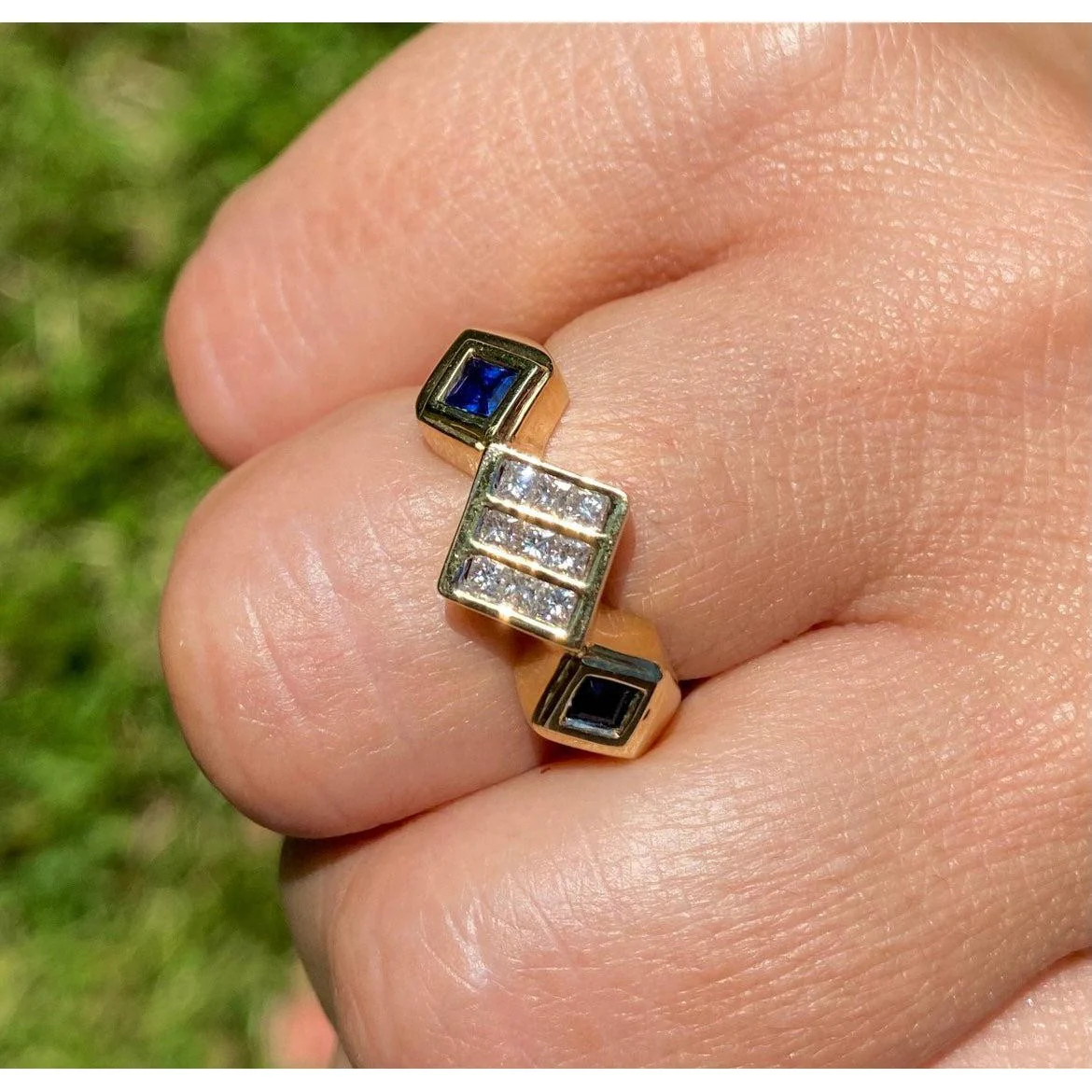 14K Gold Unisex Princess Cut Diamond and Blue Sapphire Cluster Ring - Image 3