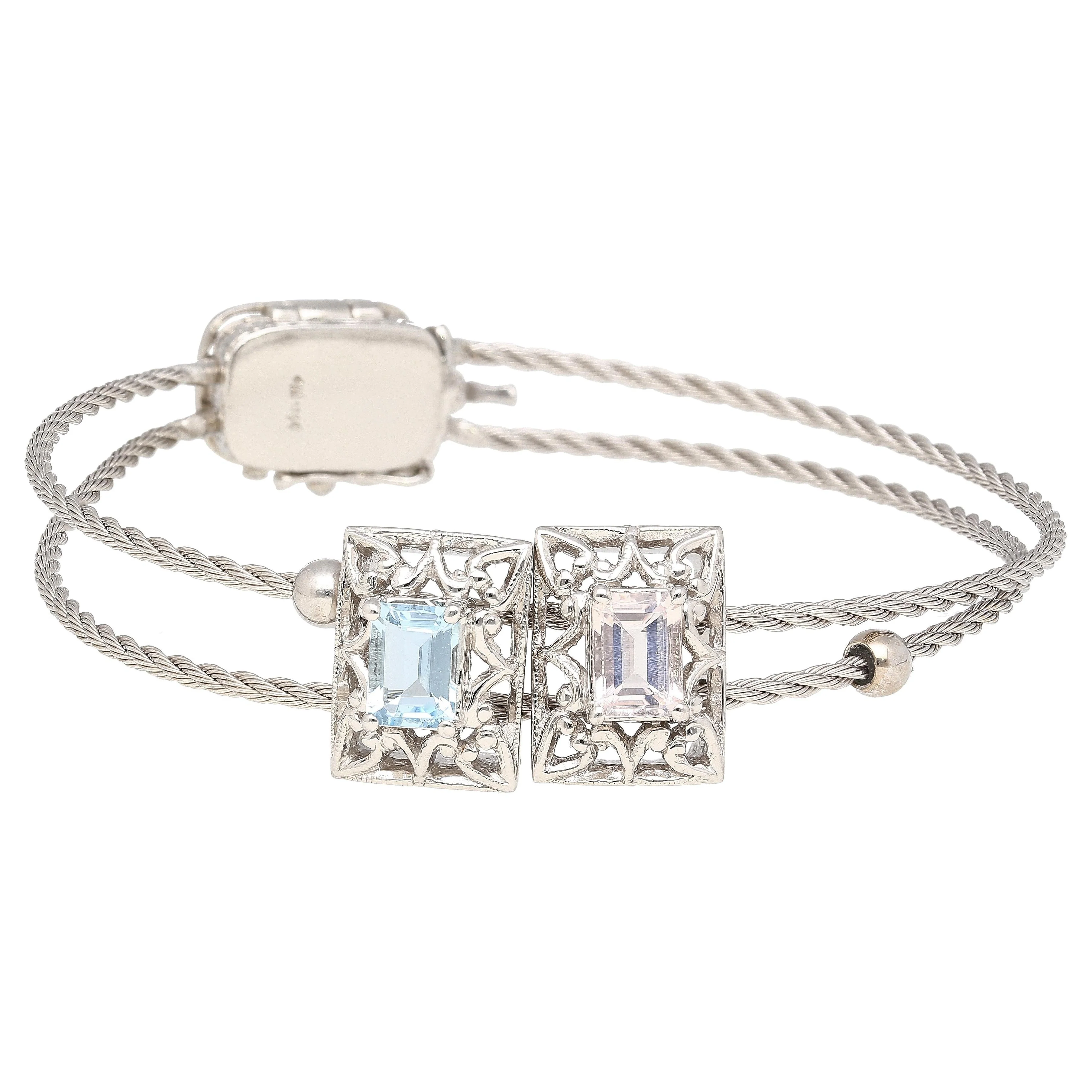 14K Kunzite and Aquamarine Vintage Charm Bangle Bracelet - Image 3