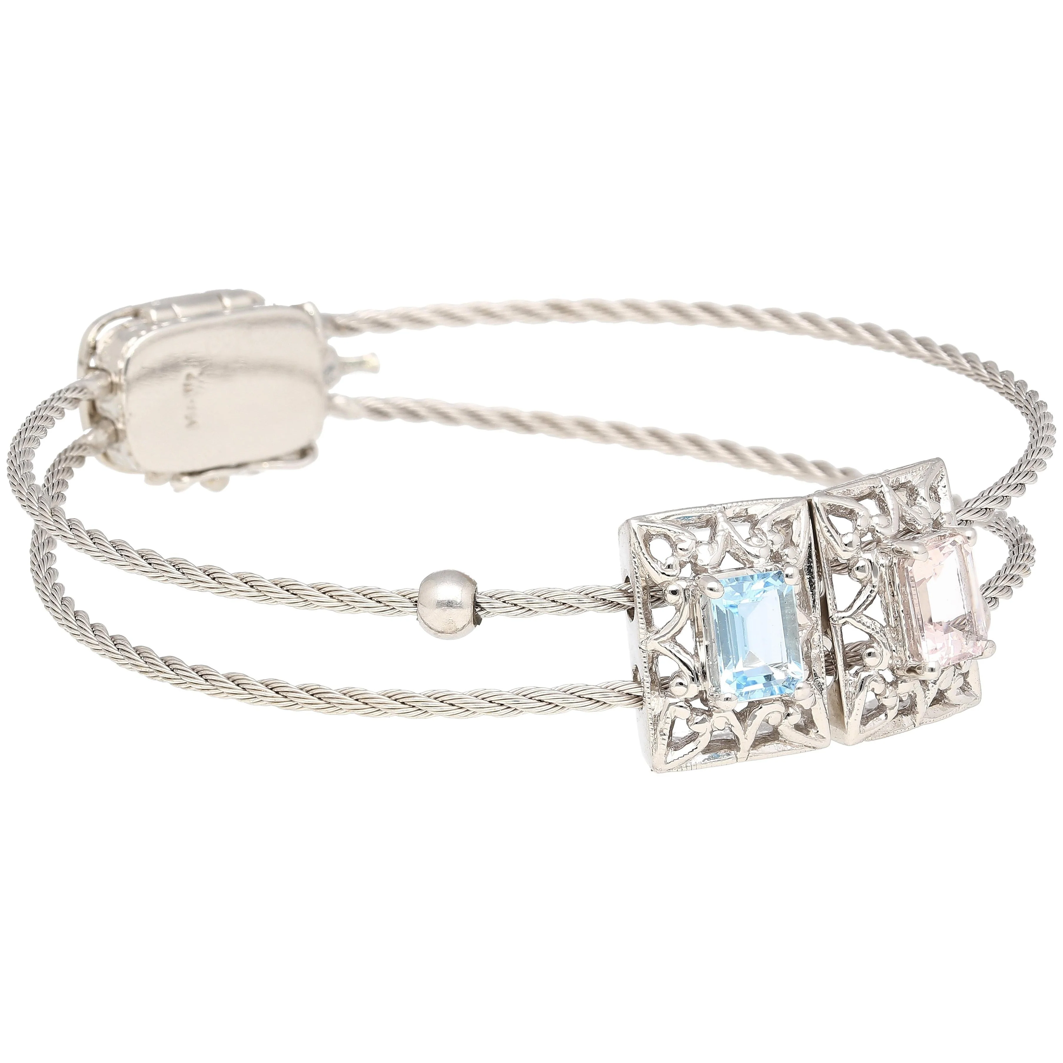 14K Kunzite and Aquamarine Vintage Charm Bangle Bracelet - Image 4