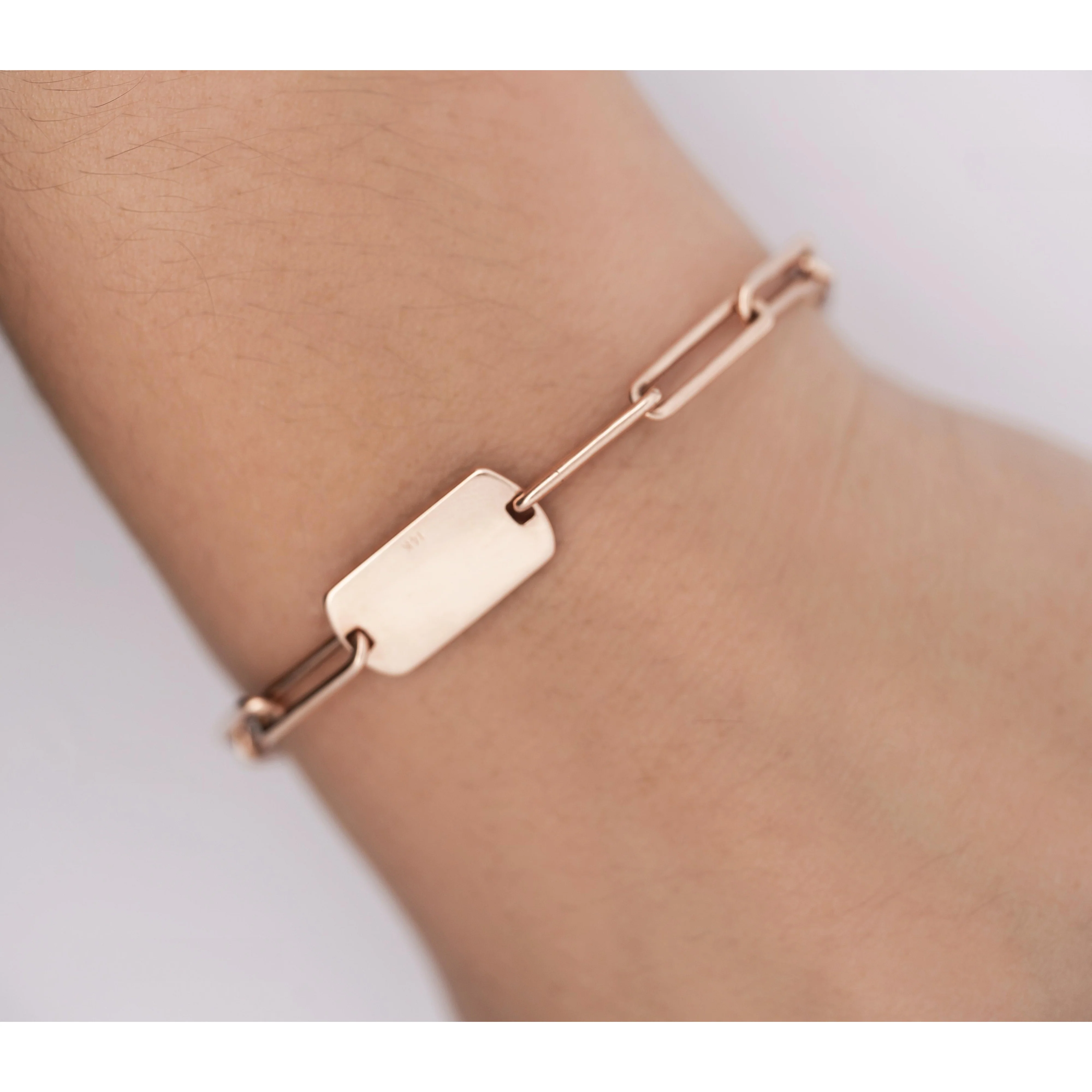 14K Rose Gold ID Tag Round Diamond Pave Cable Link Chain Bracelet - Image 8