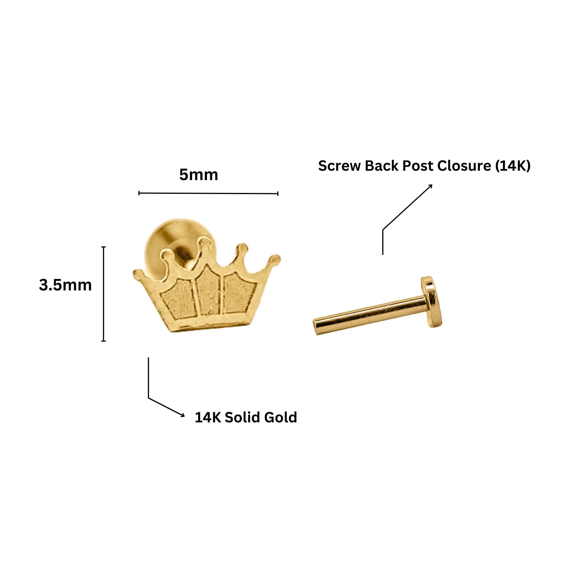 14K Solid Gold Crown Cartilage Single Stud Earring - Image 9